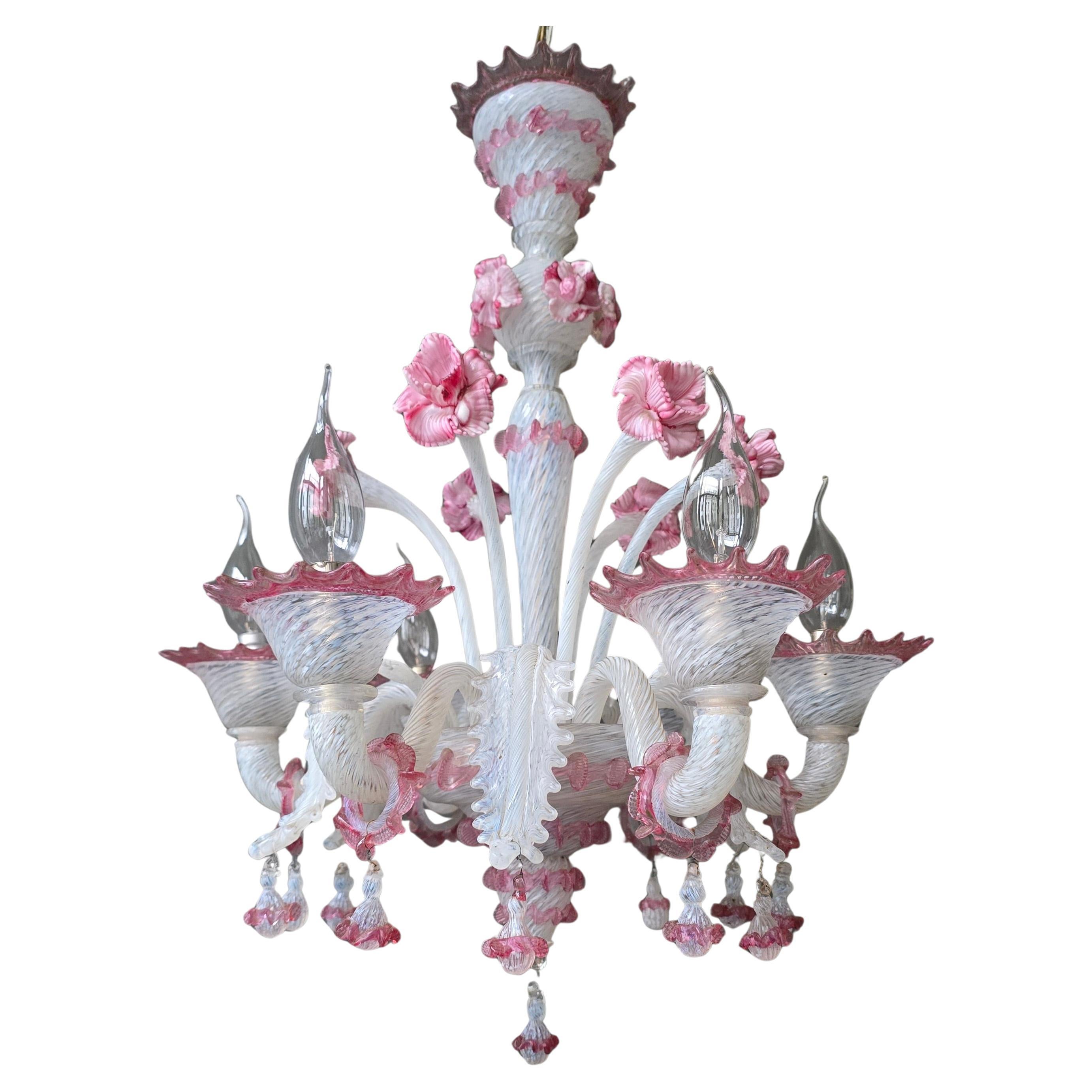 Exceptional Mid-Century Murano Glass Chandelier with Rare Pink Flowers, Italy