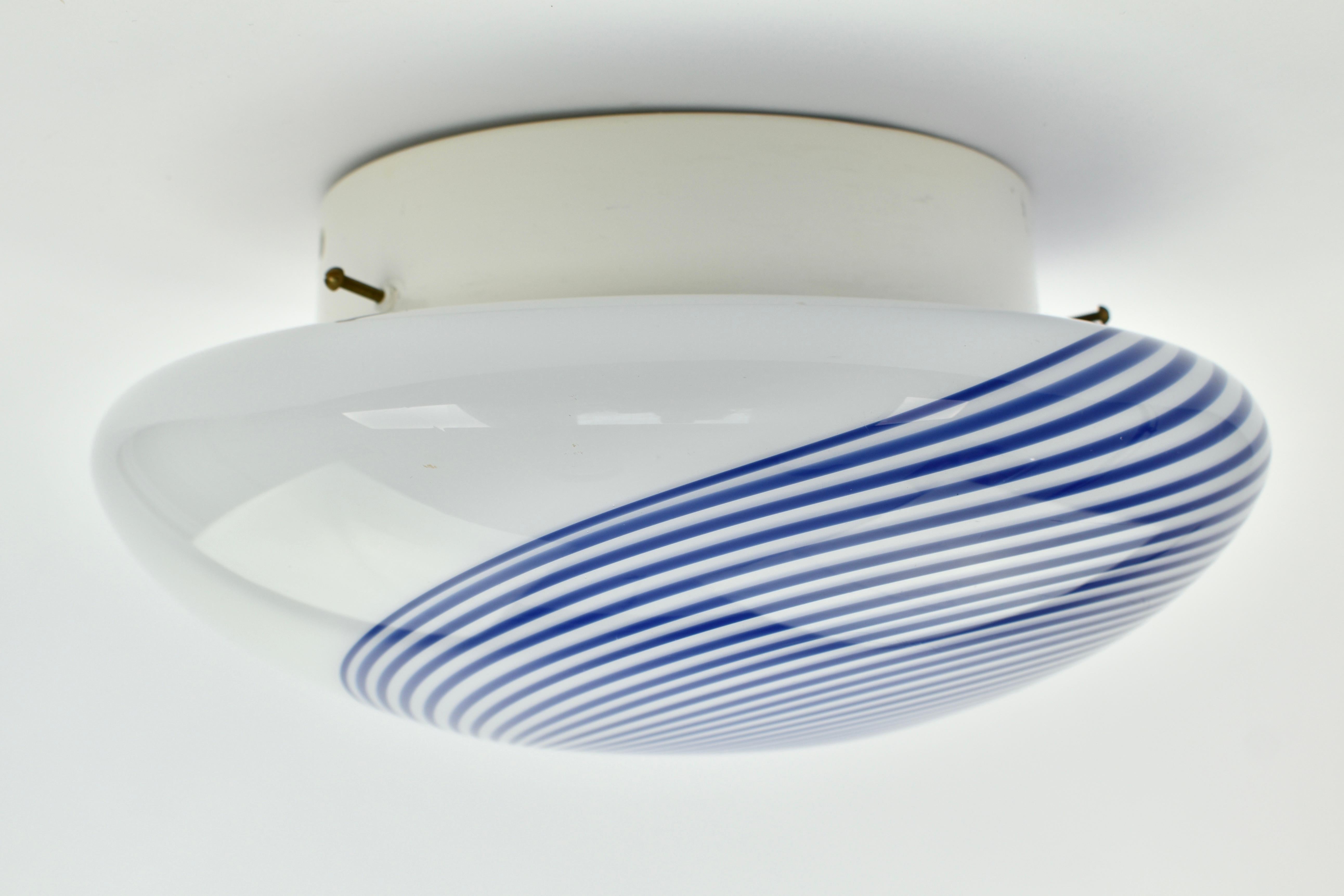 Mid Century Murano Glass Cobalt Blue Swirl Flush Mount For Sale 3