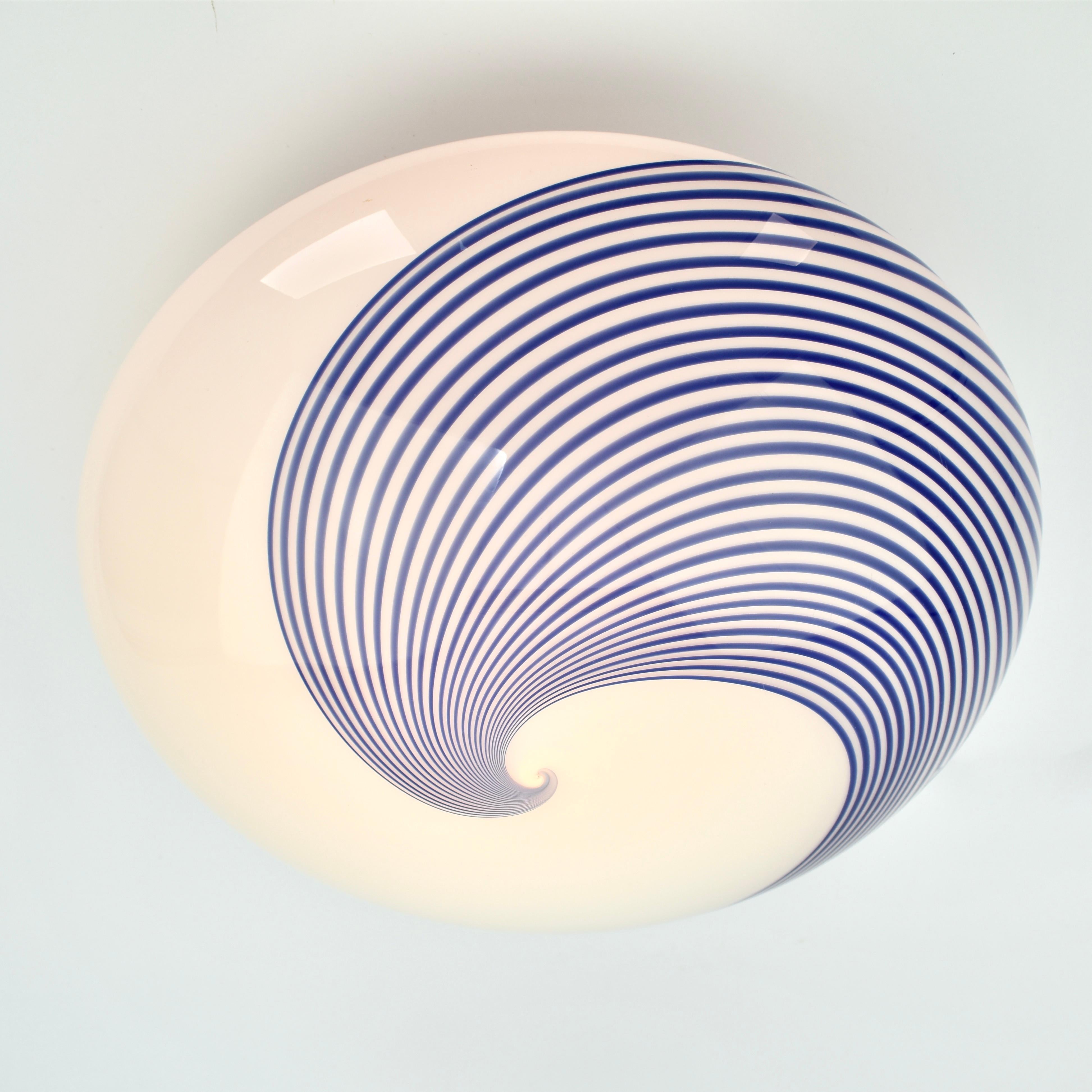 Italian Mid Century Murano Glass Cobalt Blue Swirl Flush Mount For Sale
