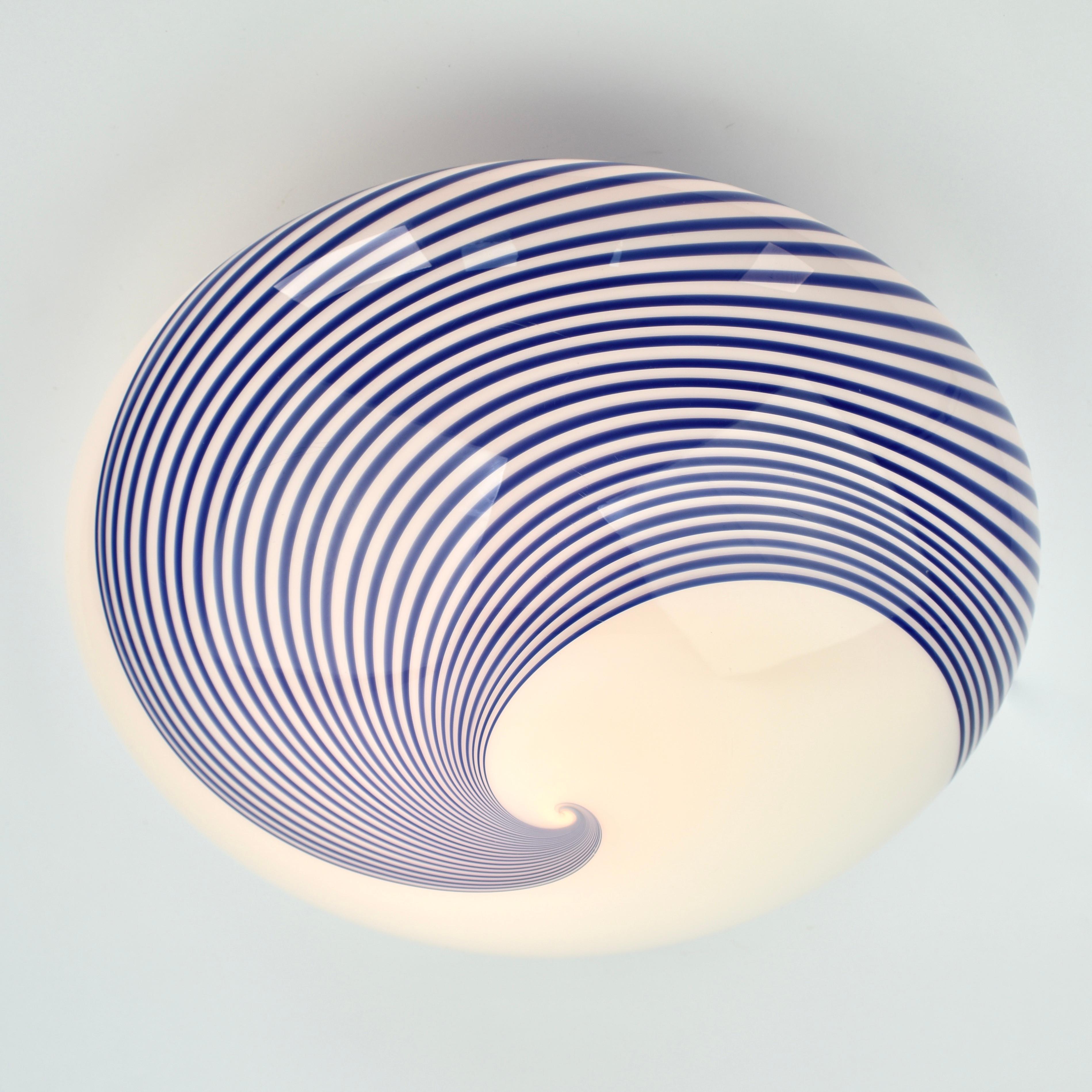 Metal Mid Century Murano Glass Cobalt Blue Swirl Flush Mount For Sale