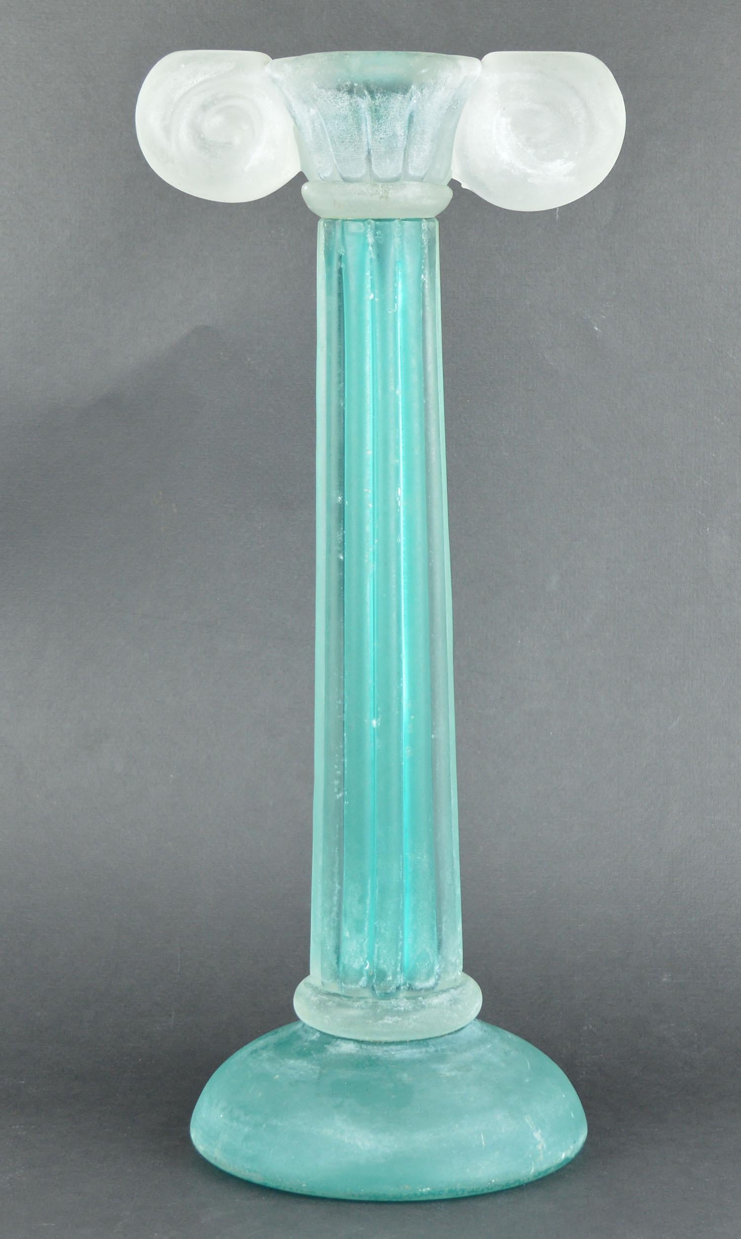 A beautiful frosted glass column candlestick that can be easily converted to a lamp

Wonderful color of turquoise.

Signed on the base 