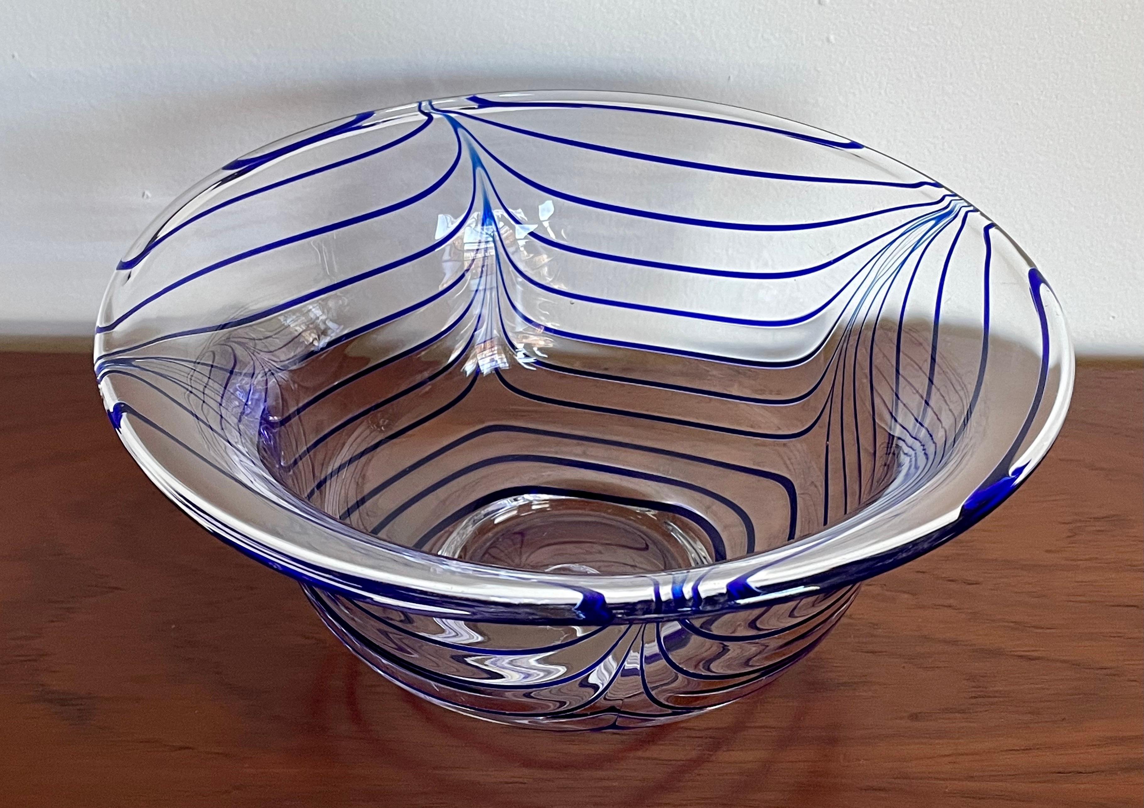 Beautiful hand-blown Murano glass decorative bowl with vibrant blue line details within. Initialed with the letter 