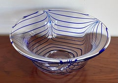 Mid Century Hand Blown Murano Art Glass Bowl with Blue Swirl Design