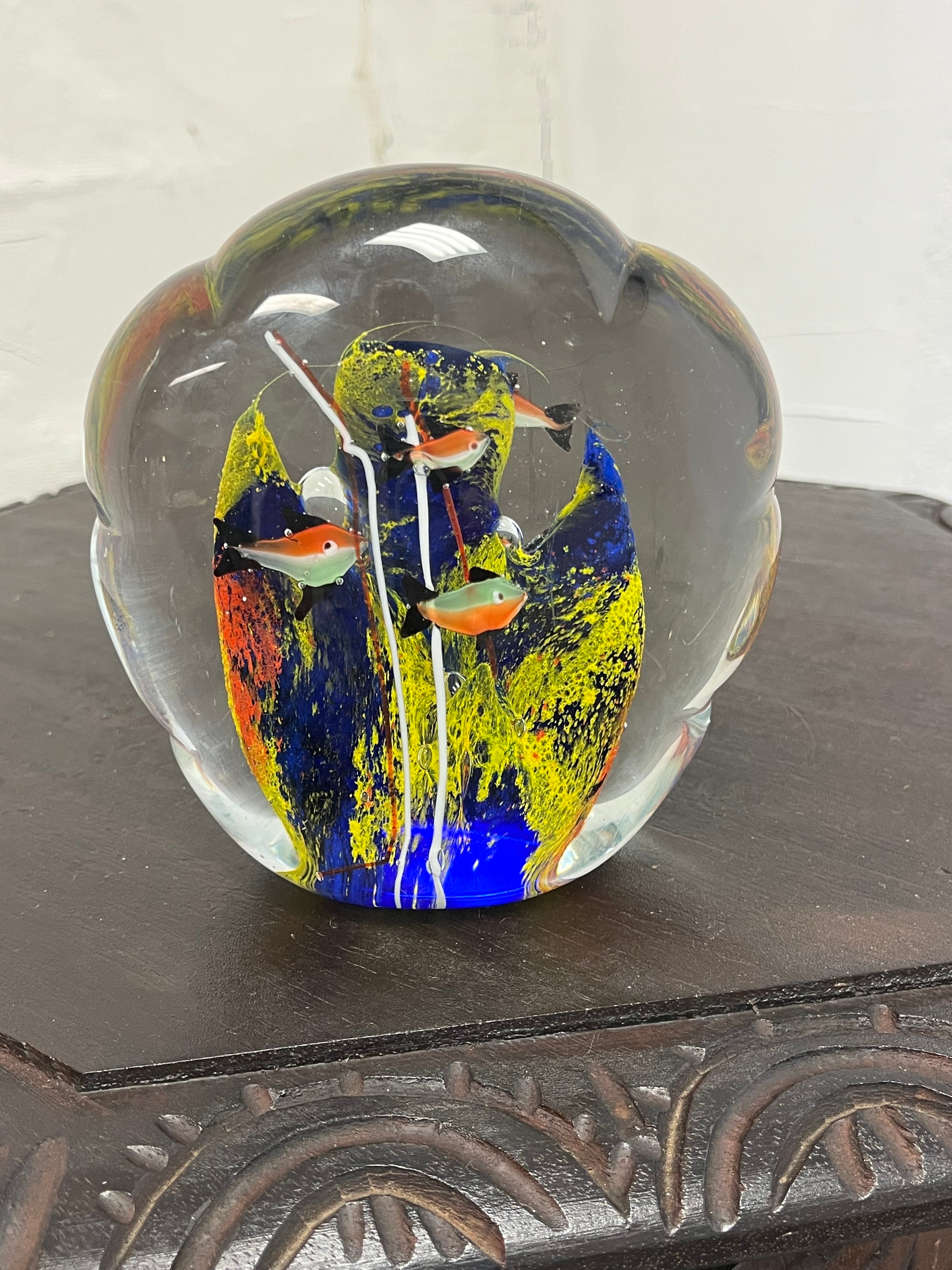 Italian hand blown solid glass aquarium with fish and sea life inclused into a clear blue curved wave shape sculpture. Murano, Italy 