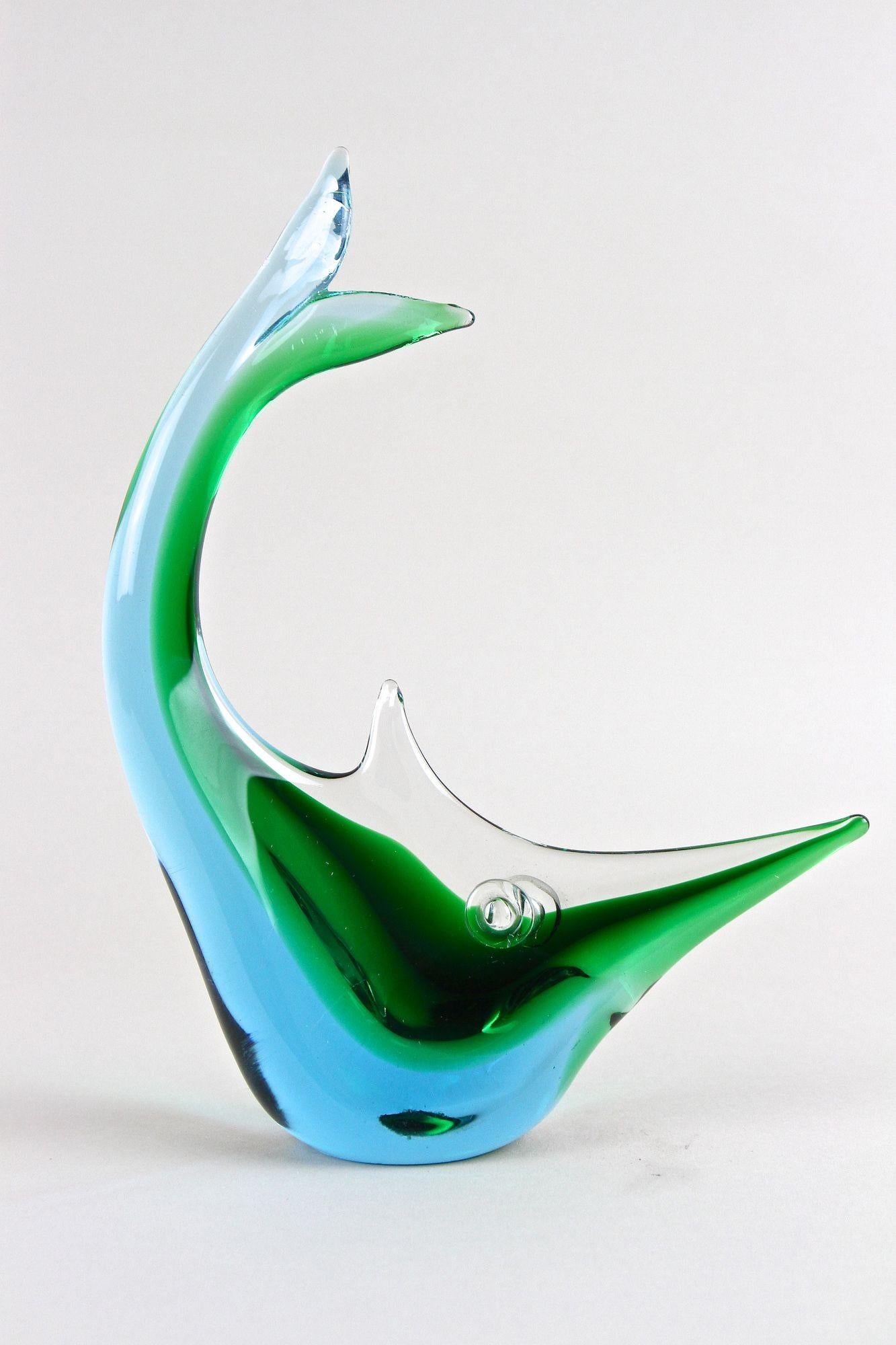 Hand-Crafted Mid Century Murano Glass Fish In Blue/ Green Tones , Glass Art - Italy ca. 1970 For Sale