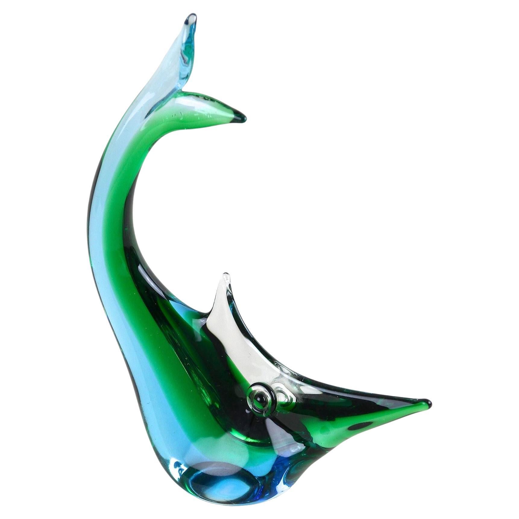 Mid Century Murano Glass Fish In Blue/ Green Tones , Glass Art - Italy ca. 1970 For Sale