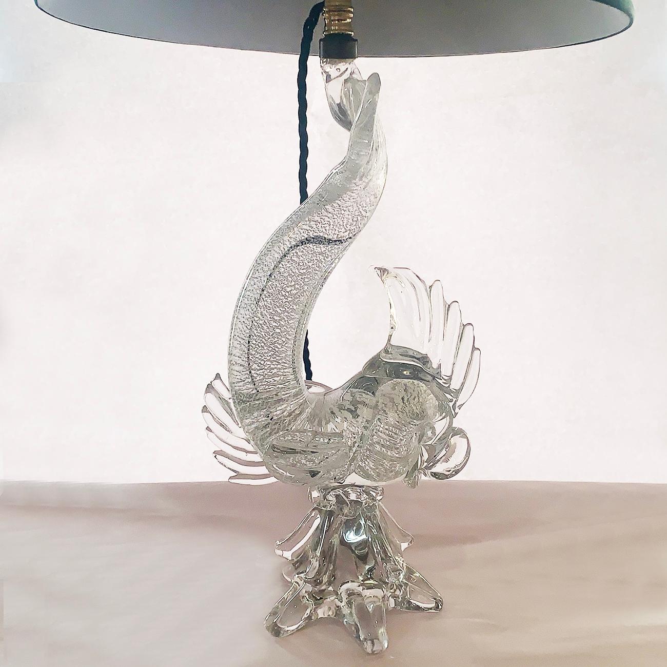 Midcentury Lamp Large Murano Glass Fish with internal decoration. Wonderful handmade art glass with a three dimensional inner layer in lines of white “dust” below the outer surface giving the fish shaped body greater depth, with clear glass above