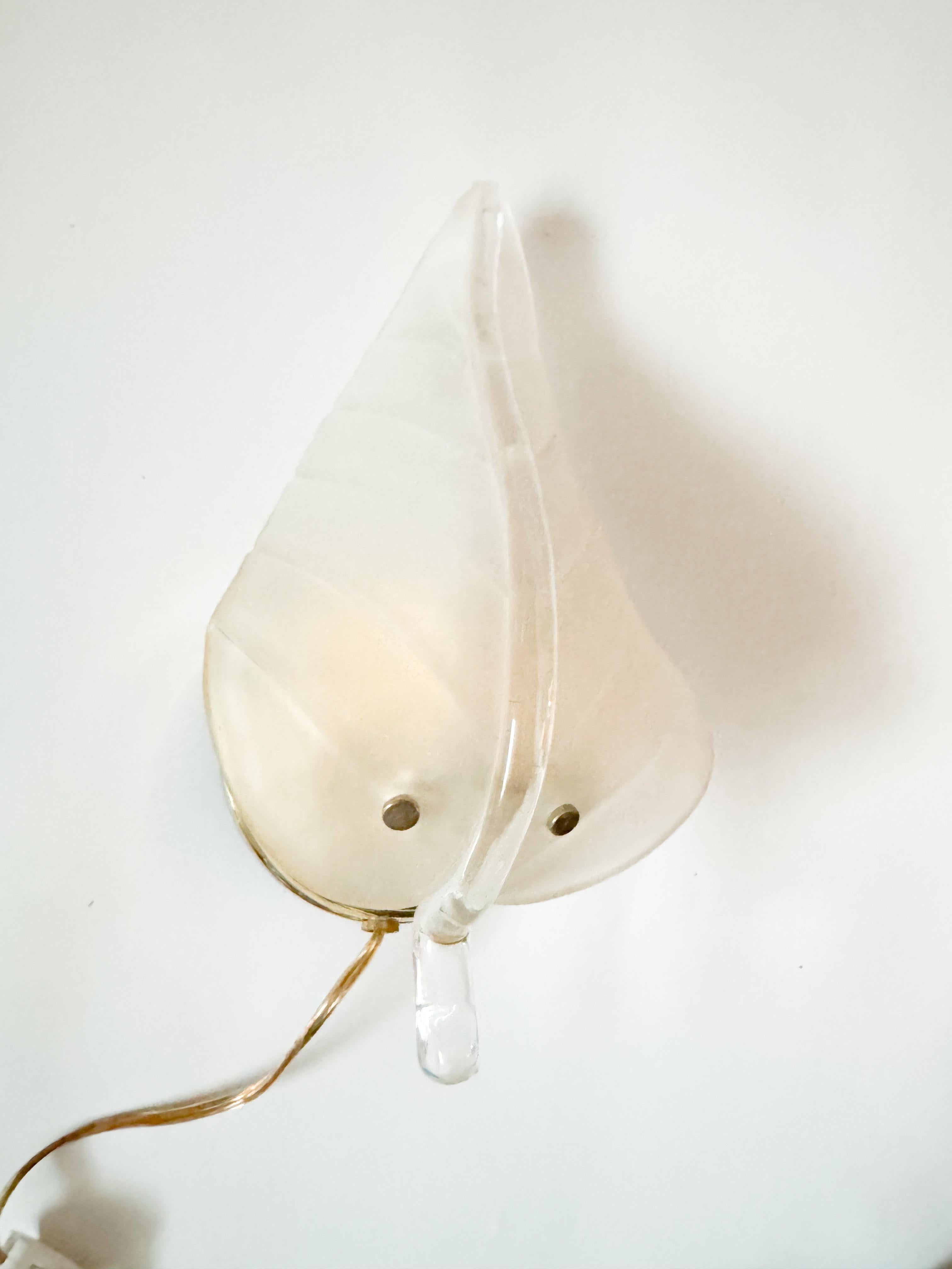Mid Century Murano Glass Leaf Wall Brass Sconce Plug In, 1970s Italy 2