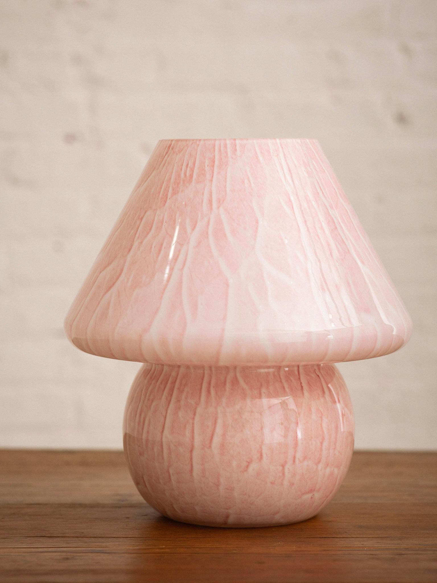 A mid century Murano glass mushroom lamp. Pale pink and cream marbleized glass. Updated wiring. Sourced in Italy.