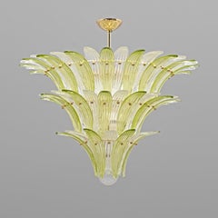 Mid-Century Murano Glass Palmette Chandelier in Green and Clear Glass, Italy