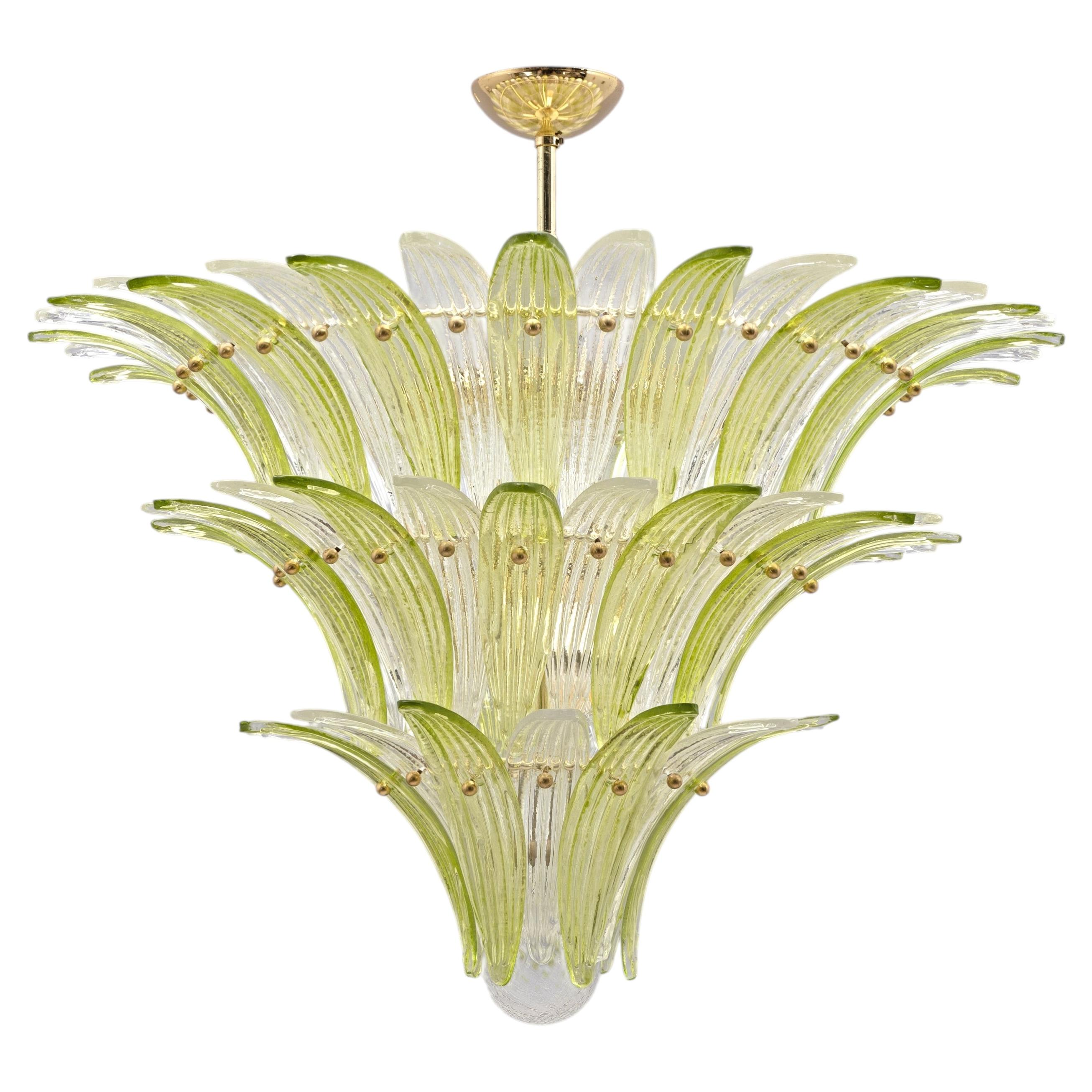 Mid-Century Murano Glass Palmette Chandelier in Green and Clear Glass, Italy