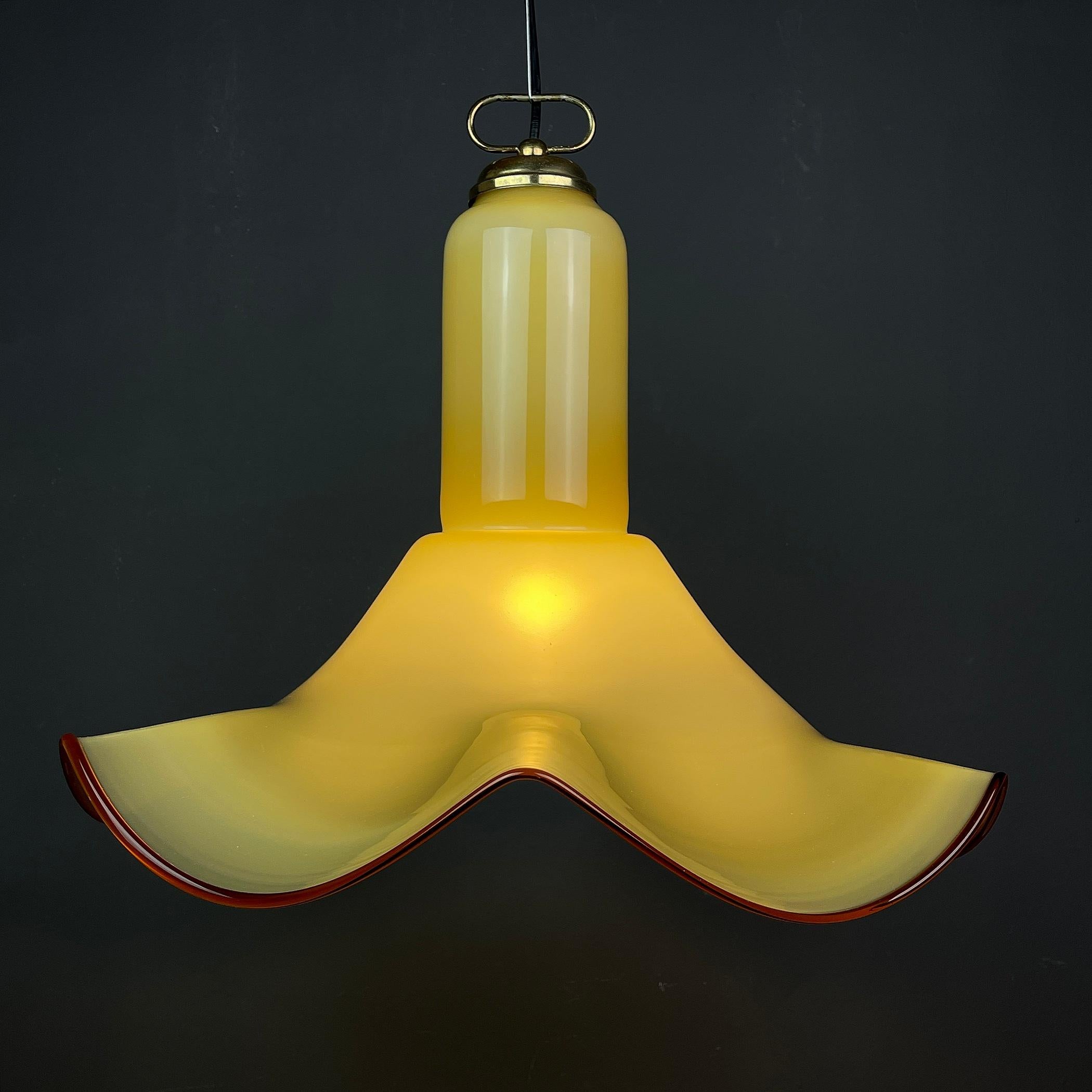 Extraordinaire lampe suspendue en verre de Murano. Fabriqué en Italie dans les années 1970.
L'abat-jour unique a été fabriqué à la main par des maîtres verriers.
Hauteur avec support 110 cm. Le lustre pèse 5.5 kg. Fonctionne avec une ampoule