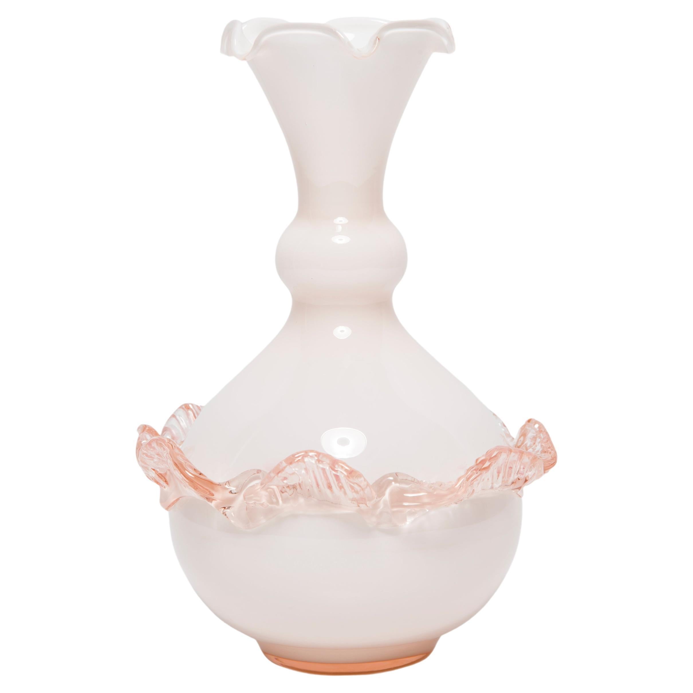 Mid Century Murano Glass Pink Small Vase with a Frill, Italy, Europe, 1960s For Sale