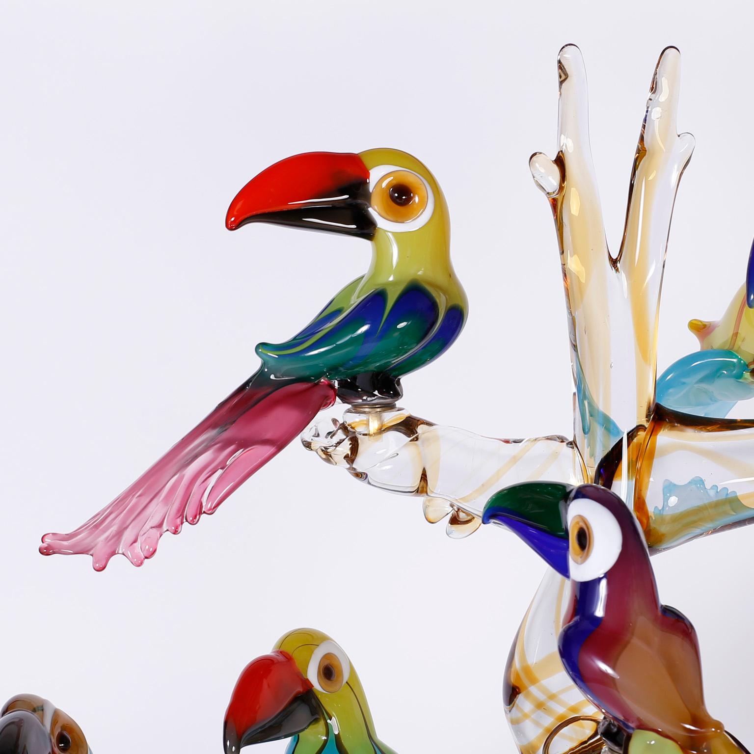 Mid-Century Modern Midcentury Murano Glass Sculpture of Toucans in a Tree