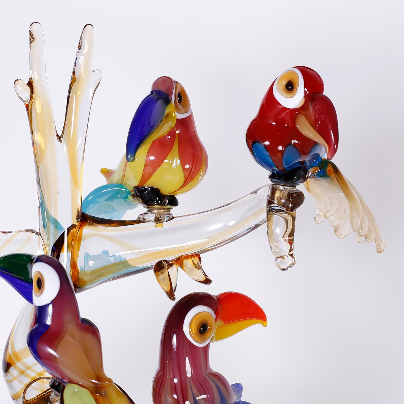Italian Midcentury Murano Glass Sculpture of Toucans in a Tree