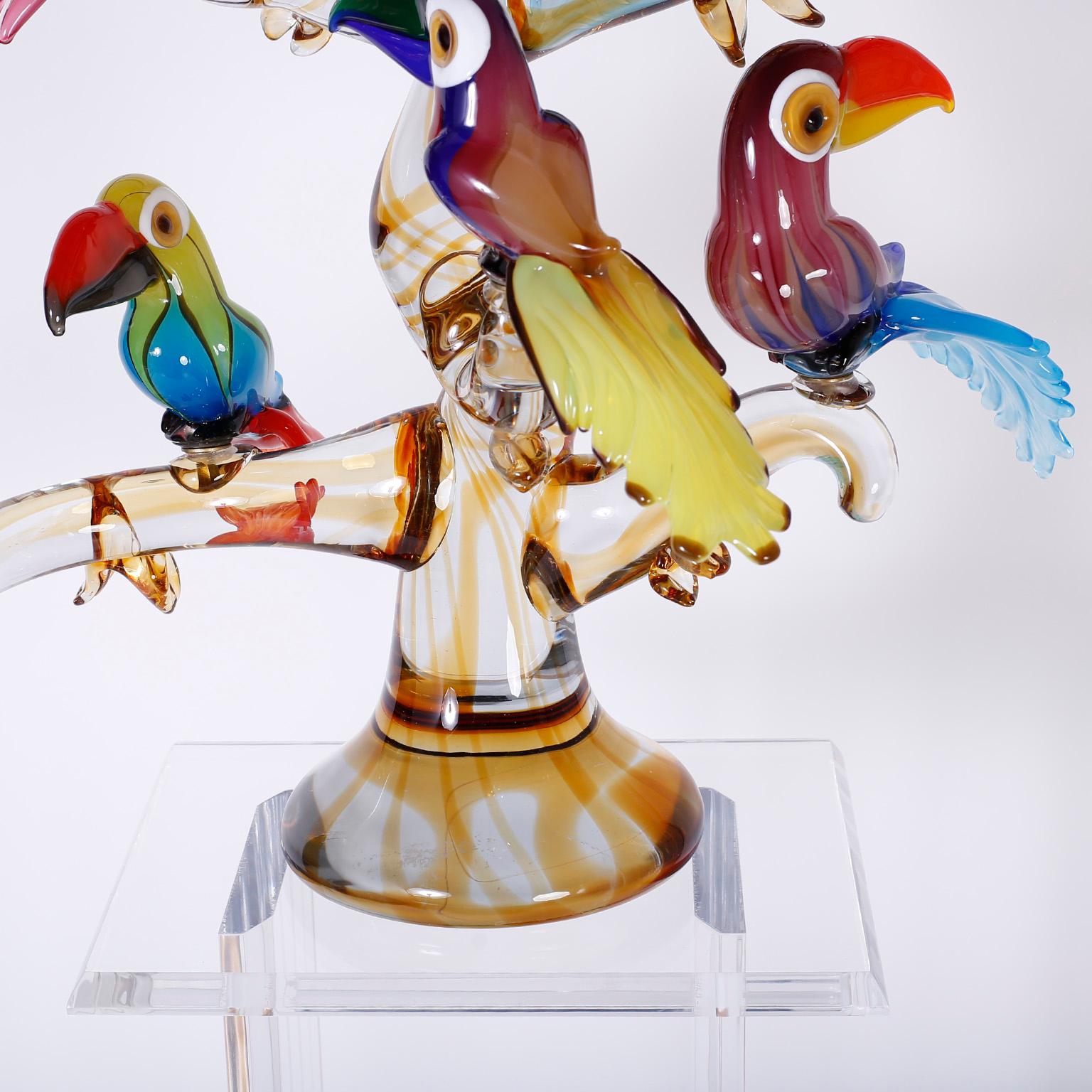Hand-Crafted Midcentury Murano Glass Sculpture of Toucans in a Tree