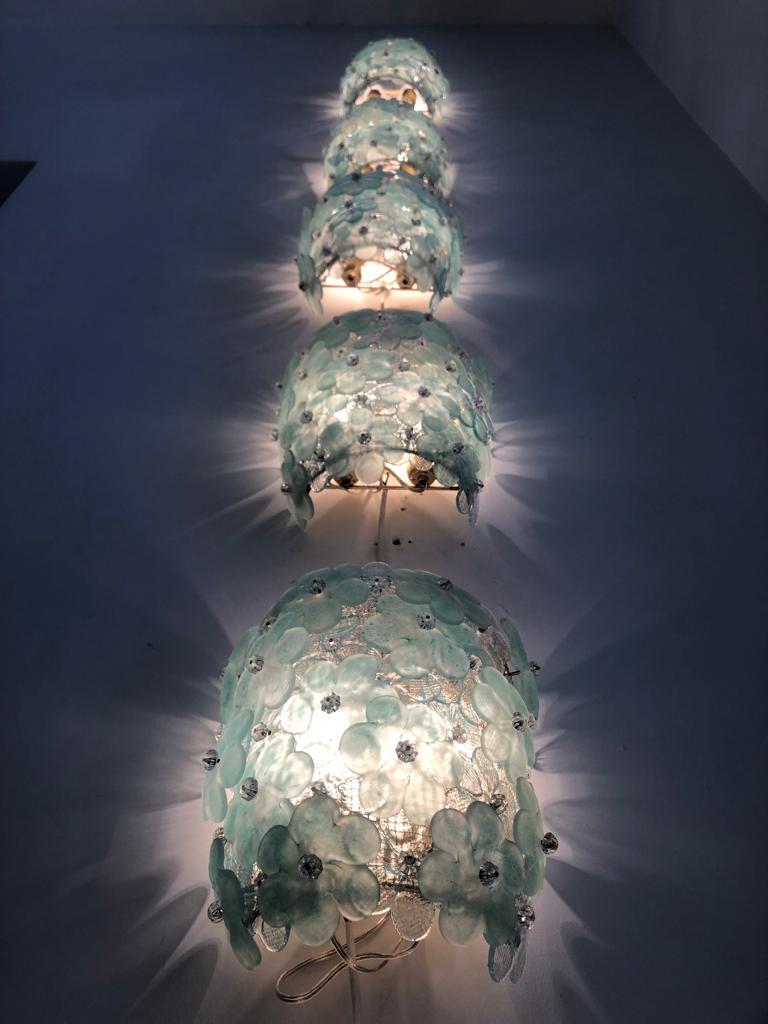 Metal Mid Century Blue Tiffany Colored Murano Glass Set of Six Italian Sconces For Sale