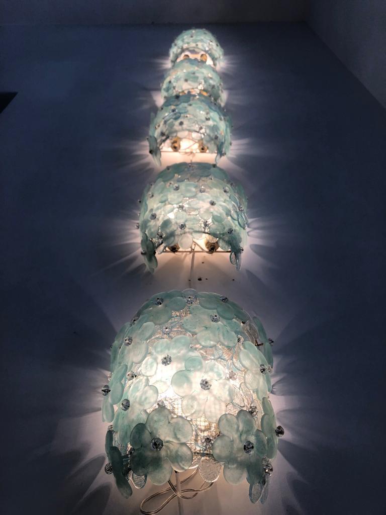 Mid Century Blue Tiffany Colored Murano Glass Set of Six Italian Sconces For Sale 3