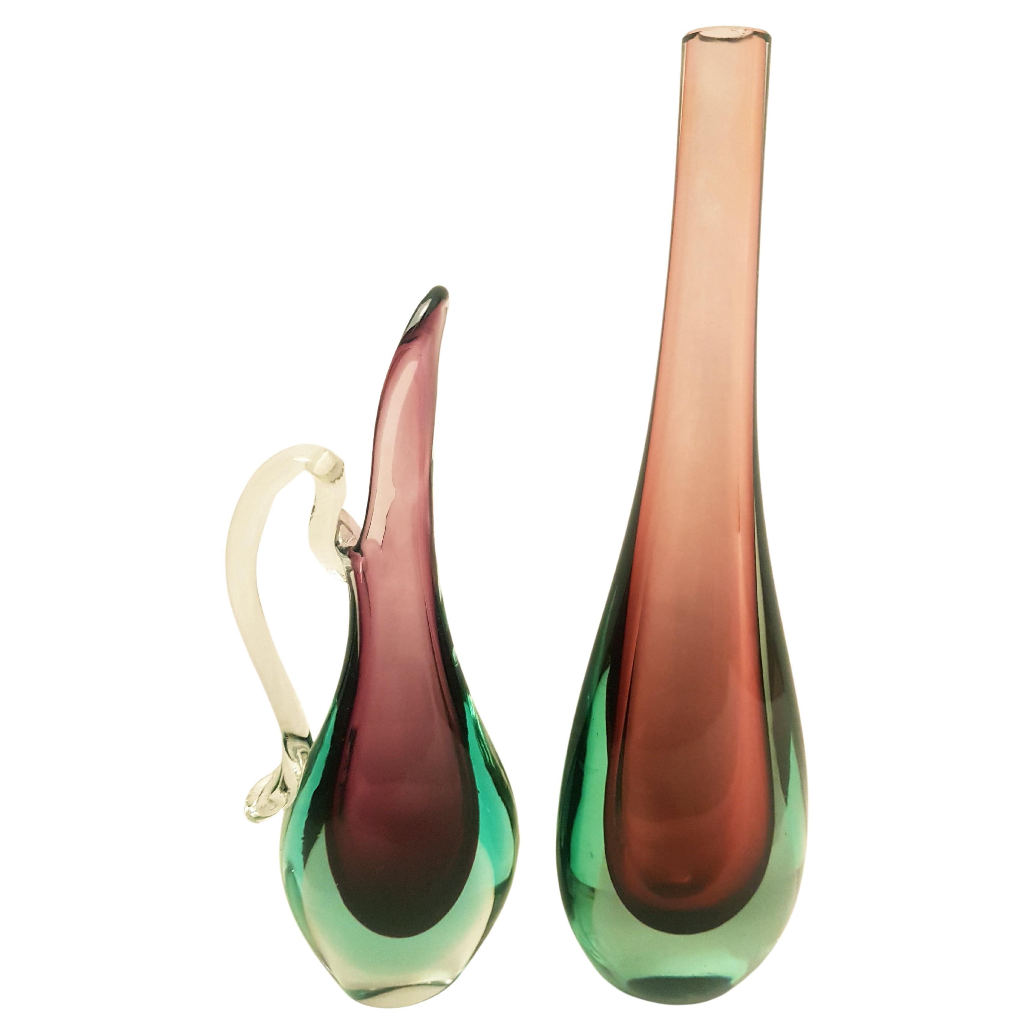 Mid-Century Murano Glass Sommerso Vase and Carafe, Flavio Poli For Sale