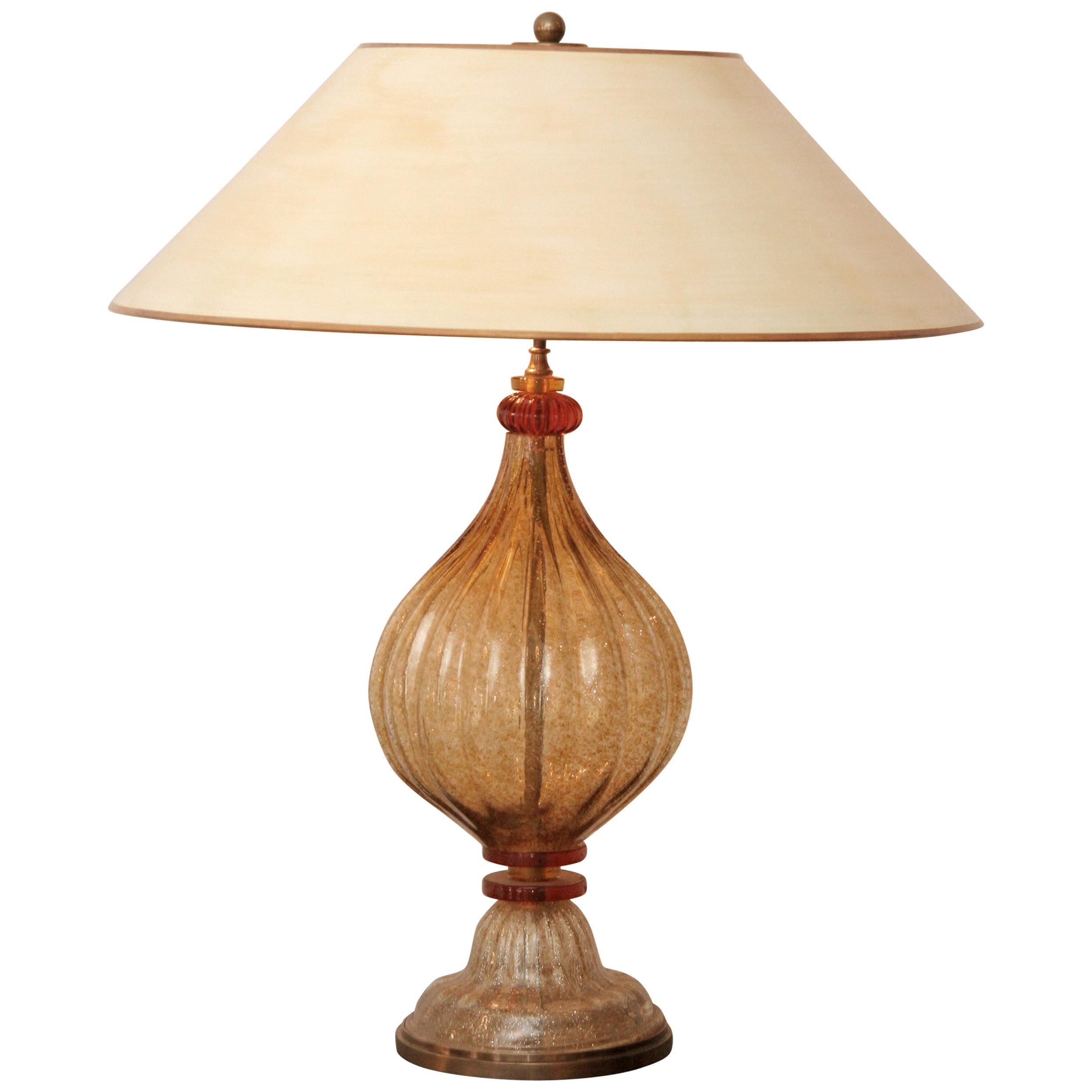 Midcentury Murano Glass Table Lamp Gold-Orange Colored Hand Patinated Shade