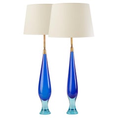Mid-Century Murano Glass Table Lamps in Blue