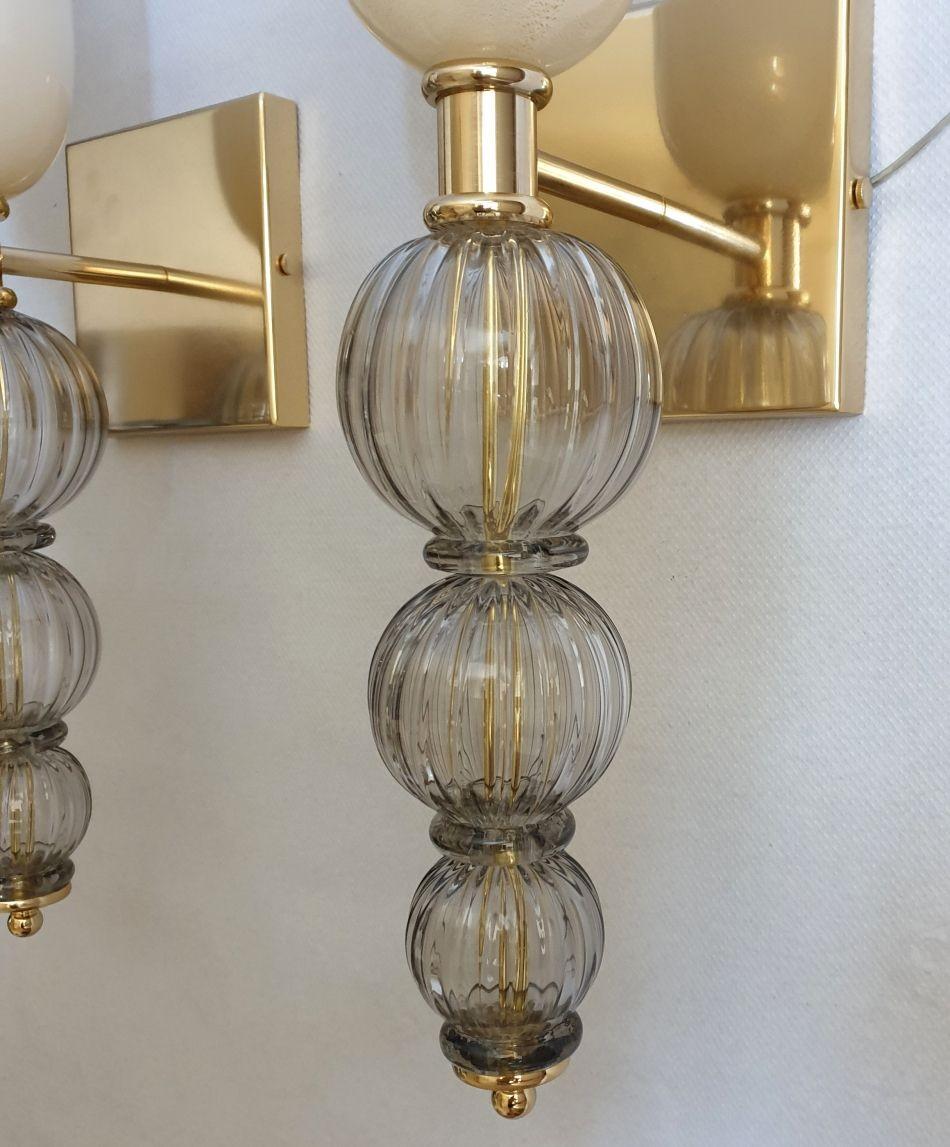 Late 20th Century Mid-Century Murano Glass Tall Gray and White Sconces Venini Style, a Pair