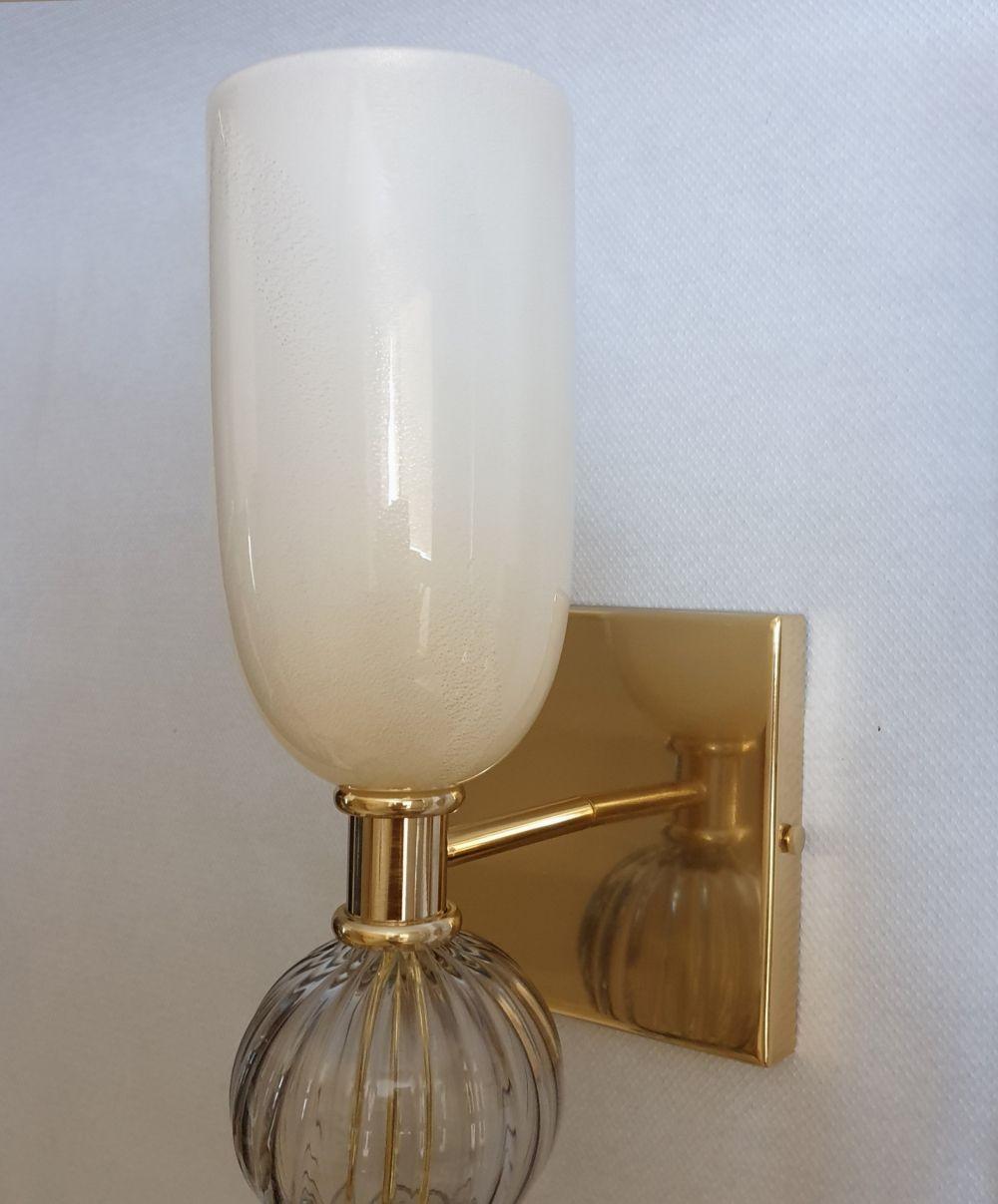Brass Mid-Century Murano Glass Tall Gray and White Sconces Venini Style, a Pair