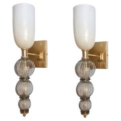 Mid-Century Murano Glass Tall Gray and White Sconces Venini Style, a Pair