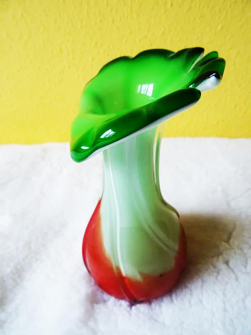 Mid-Century Modern Mid-Century Murano Glass Vase, Italy White, Red and Green, Circa 1960/70 For Sale