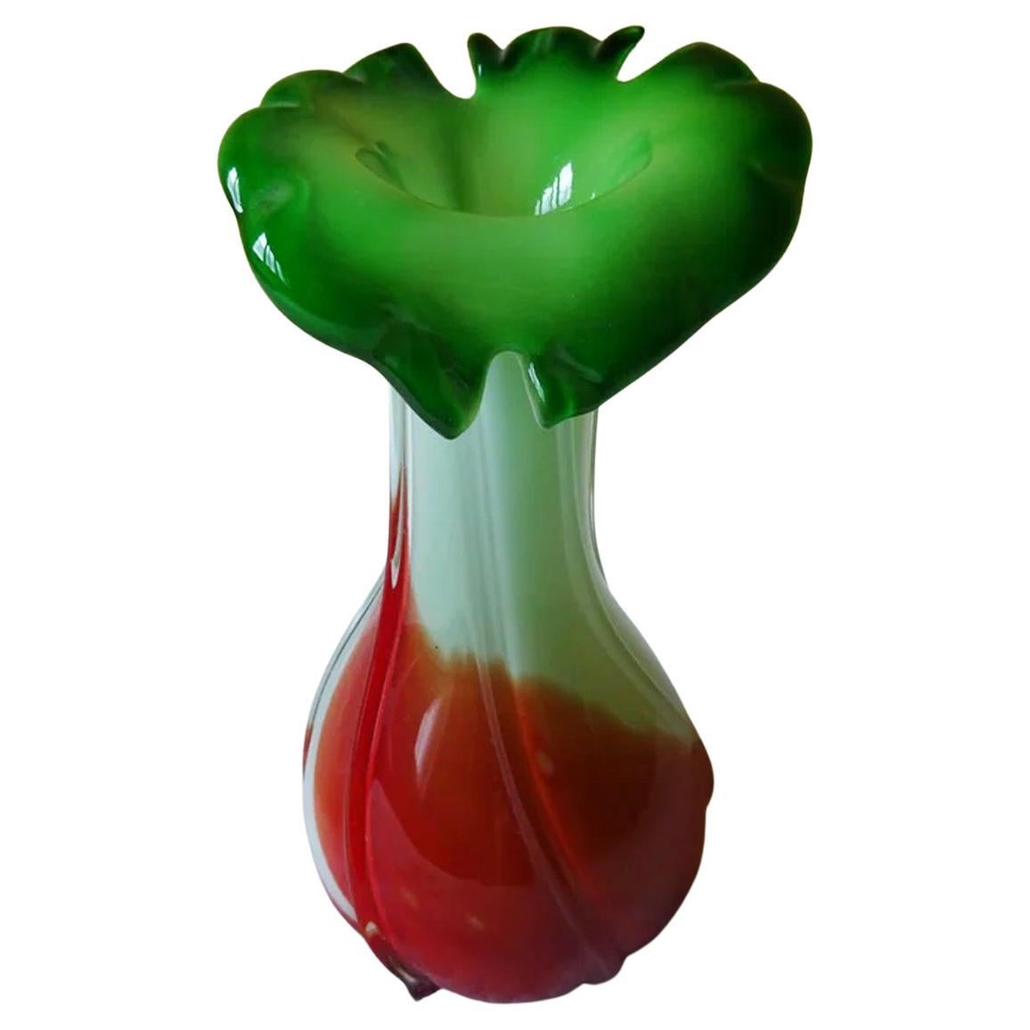 Mid-Century Murano Glass Vase, Italy White, Red and Green, Circa 1960/70 For Sale