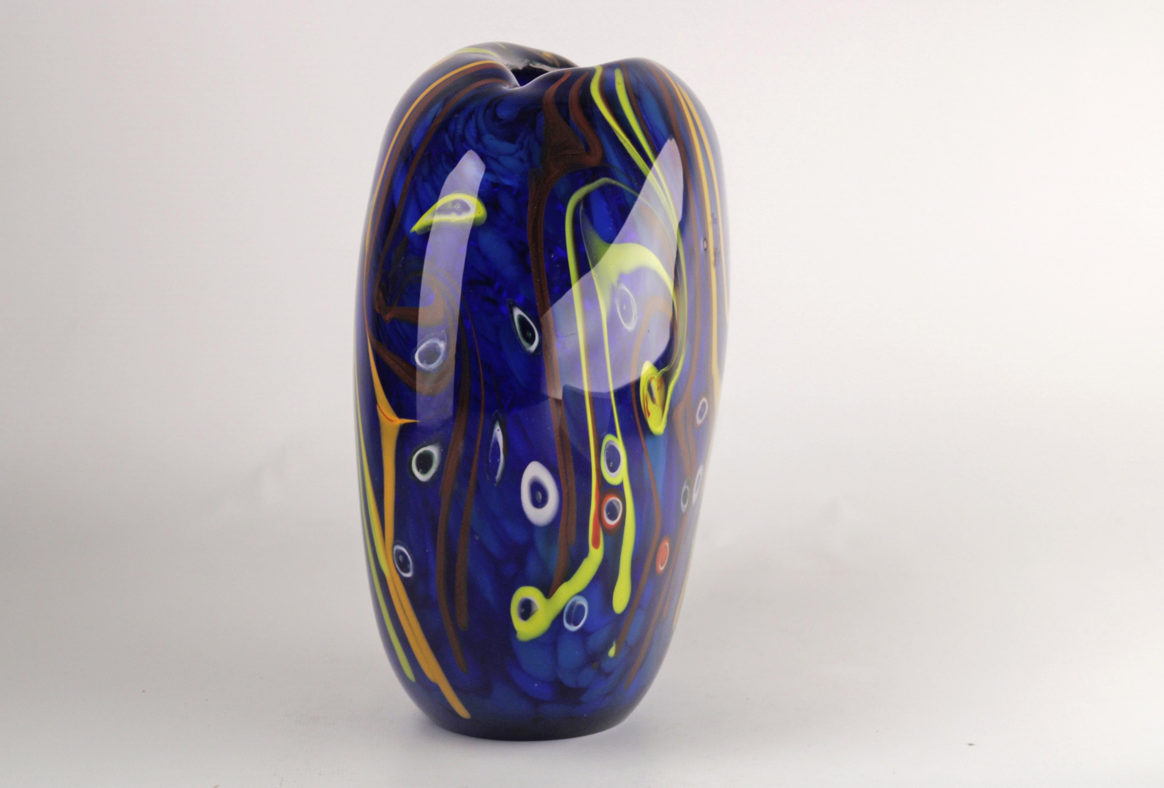 Mid-Century Modern Mid-20th Century Modern Italian Design Colorful Glazed Blue Murano Glass Vase For Sale