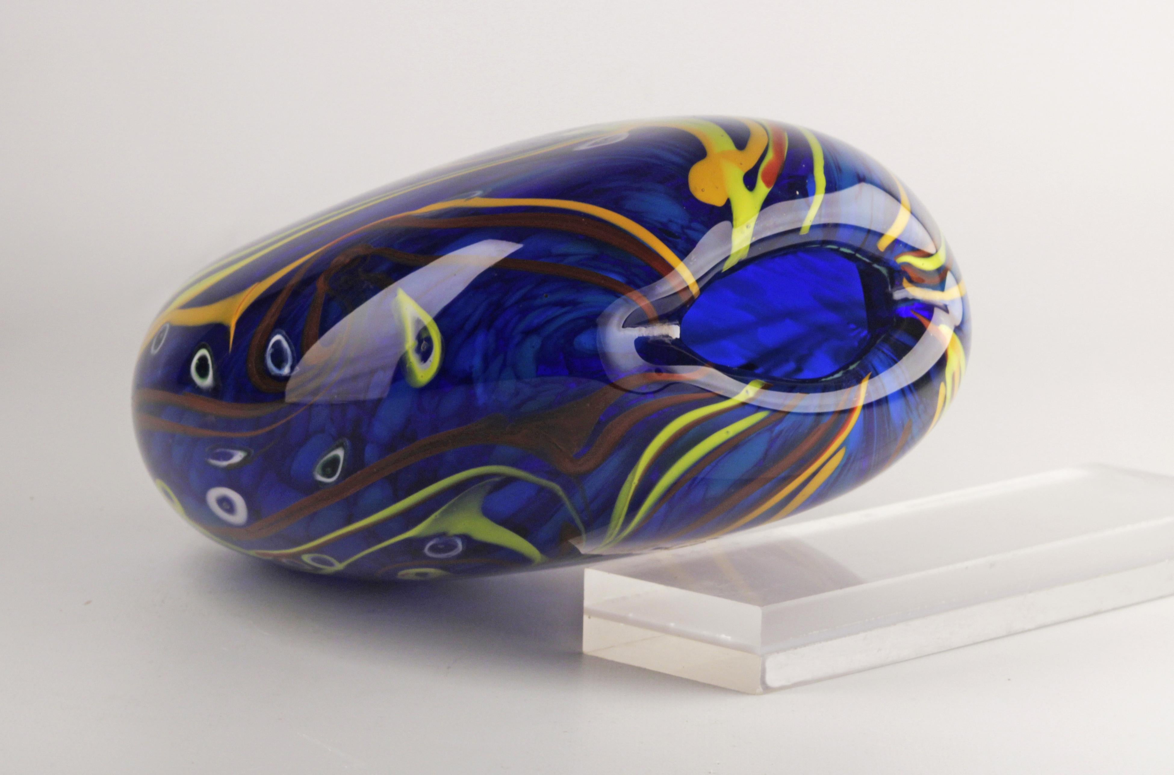 Mid-20th Century Modern Italian Design Colorful Glazed Blue Murano Glass Vase For Sale 1