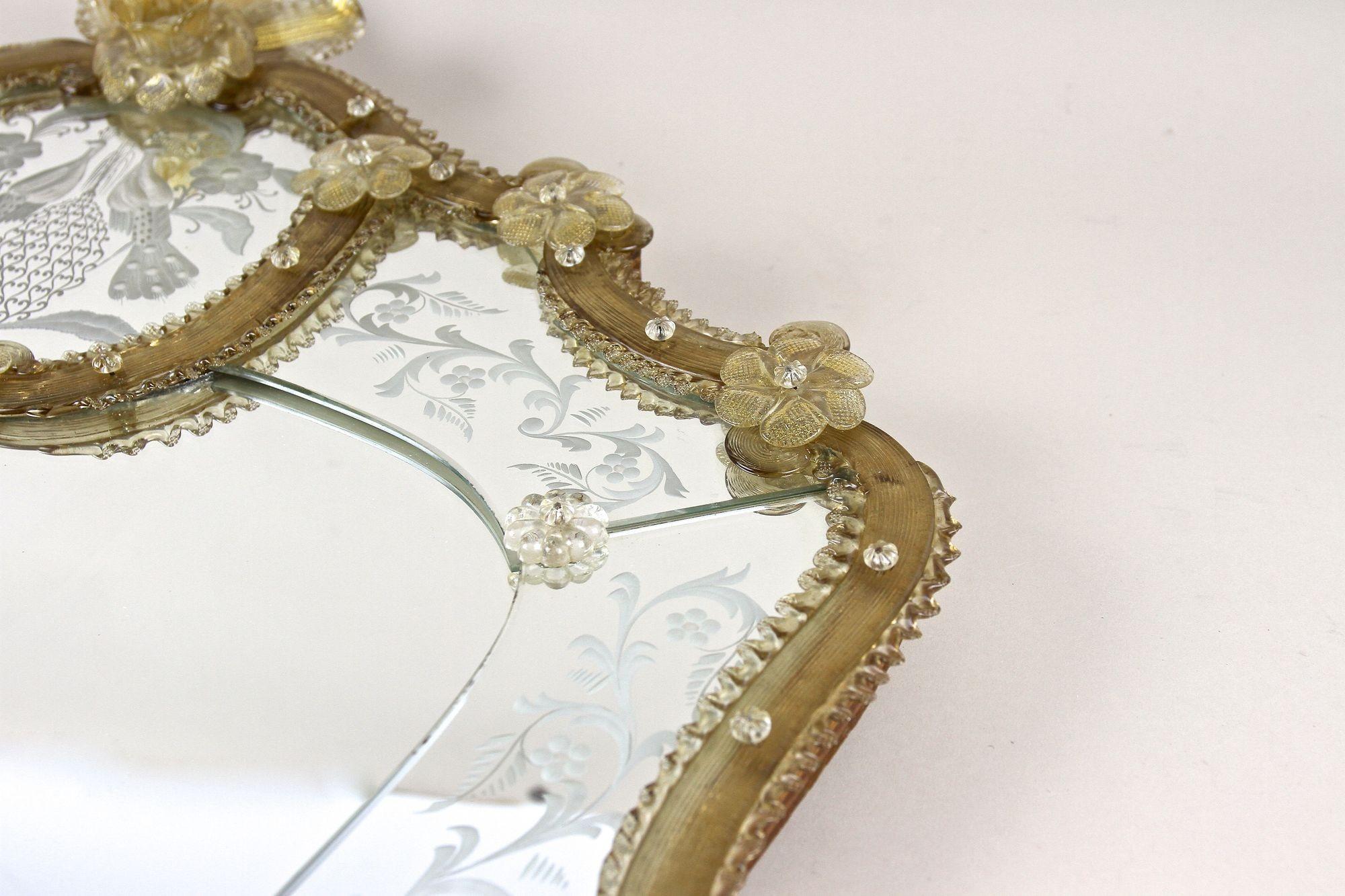 Mid Century Murano Glass Wall Mirror With Gilt Glass Flowers, IT ca. 1950 For Sale 4