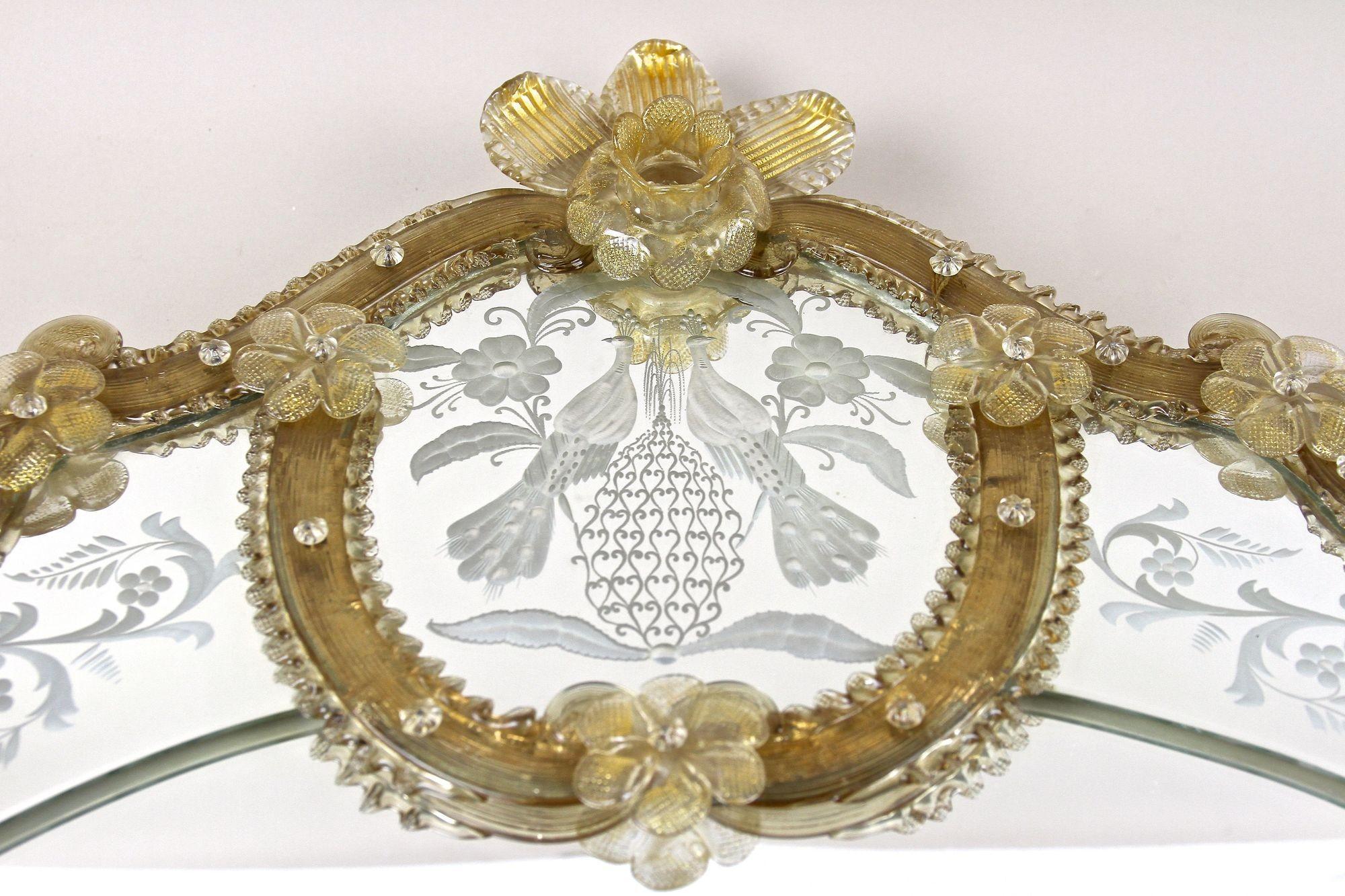 Mid Century Murano Glass Wall Mirror With Gilt Glass Flowers, IT ca. 1950 For Sale 6