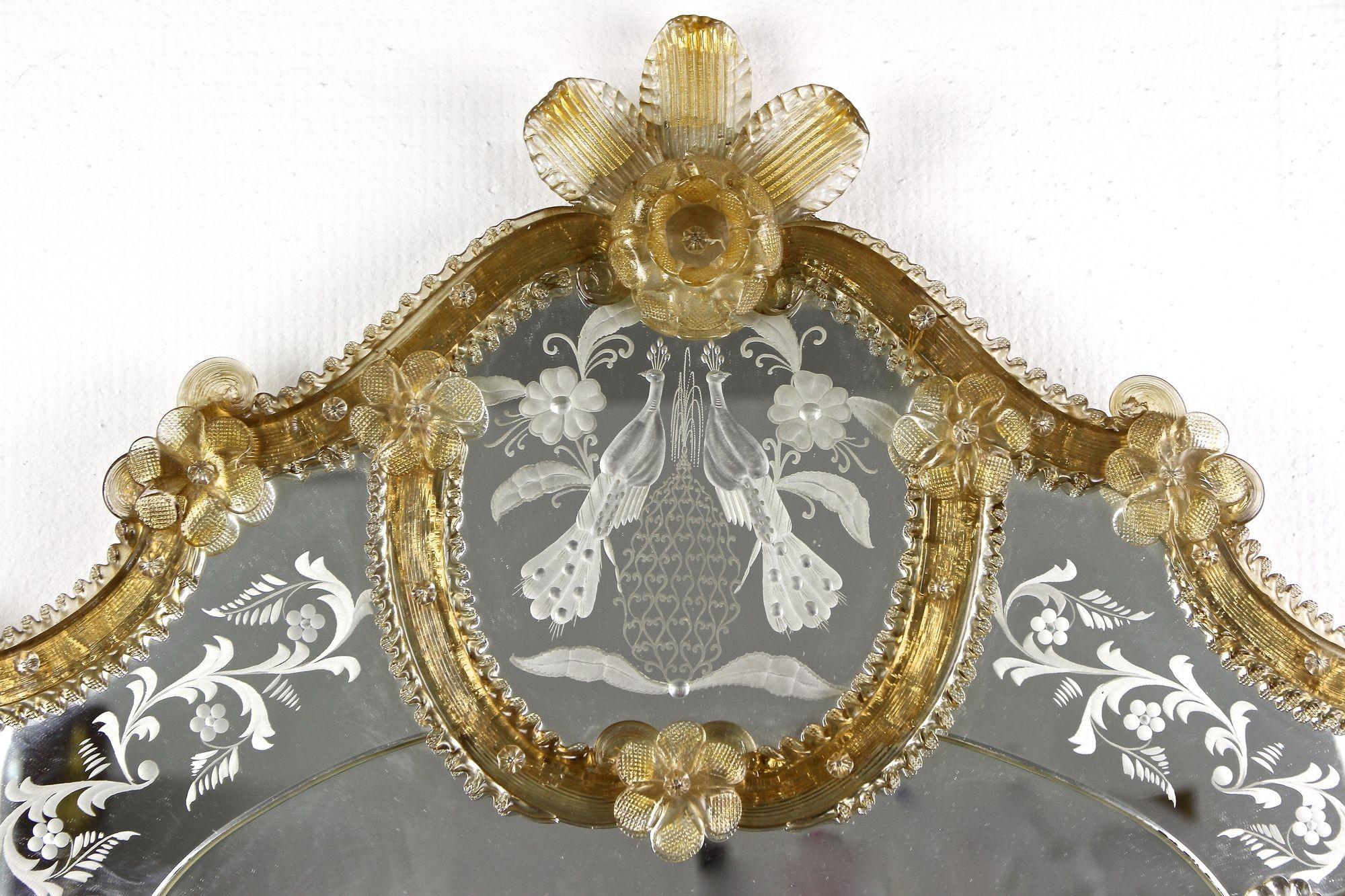 Mid Century Murano Glass Wall Mirror With Gilt Glass Flowers, IT ca. 1950 For Sale 11
