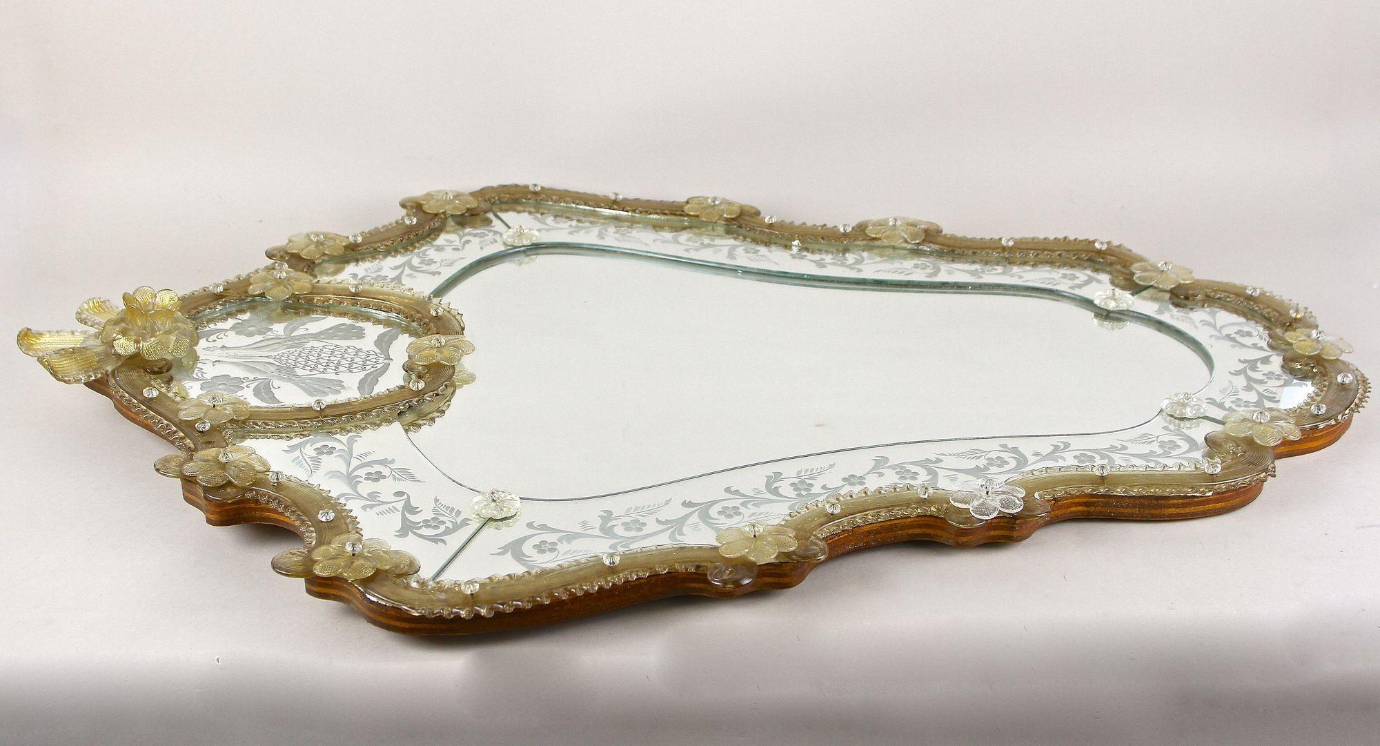 Mid Century Murano Glass Wall Mirror With Gilt Glass Flowers, IT ca. 1950 For Sale 12