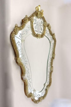 Mid Century Murano Glass Wall Mirror With Gilt Glass Flowers, IT ca. 1950