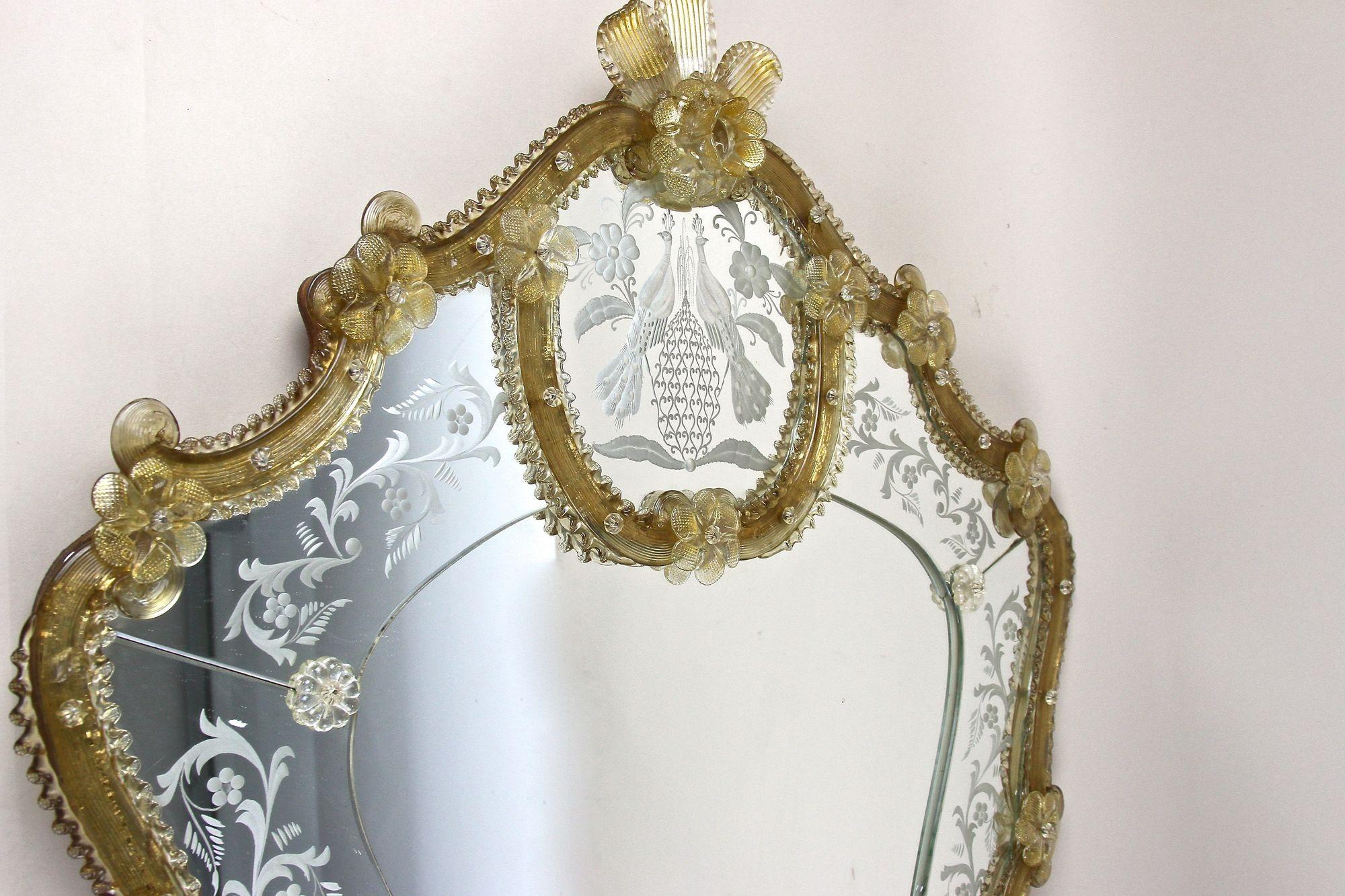 Mid-Century Modern Mid Century Murano Glass Wall Mirror With Gilt Glass Flowers, IT ca. 1950 For Sale