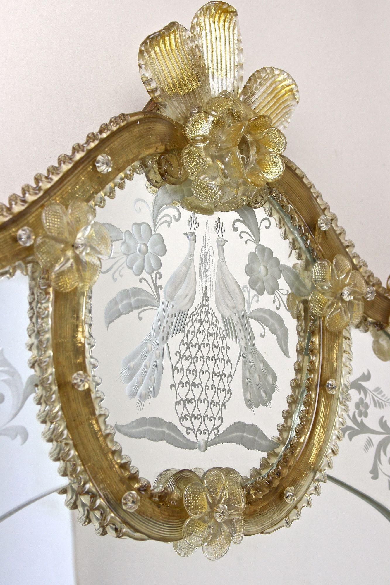 Italian Mid Century Murano Glass Wall Mirror With Gilt Glass Flowers, IT ca. 1950 For Sale