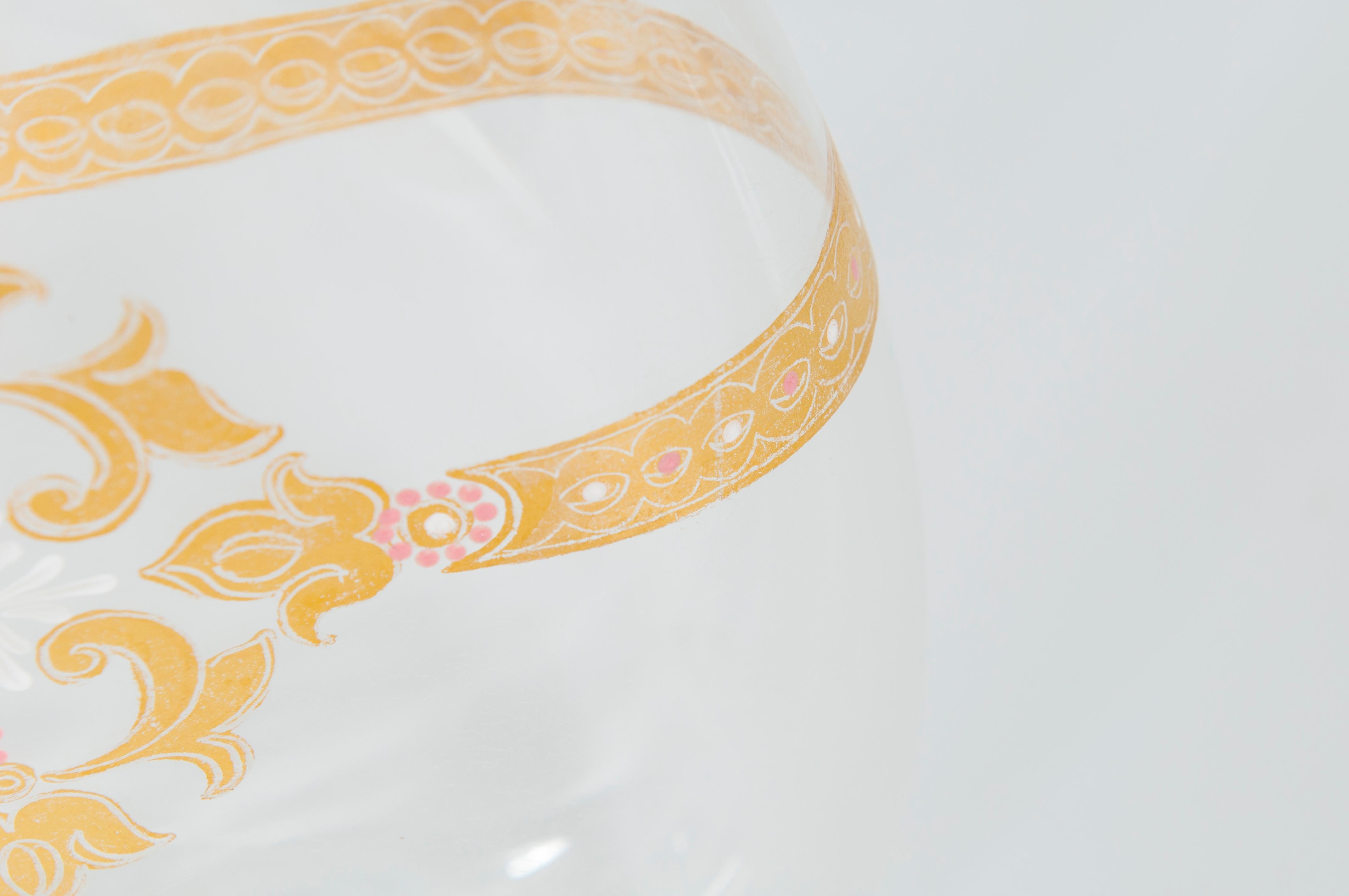 Decantador de mediados de siglo de Murano dorado y cristal transparente con tope de corona Oro en venta