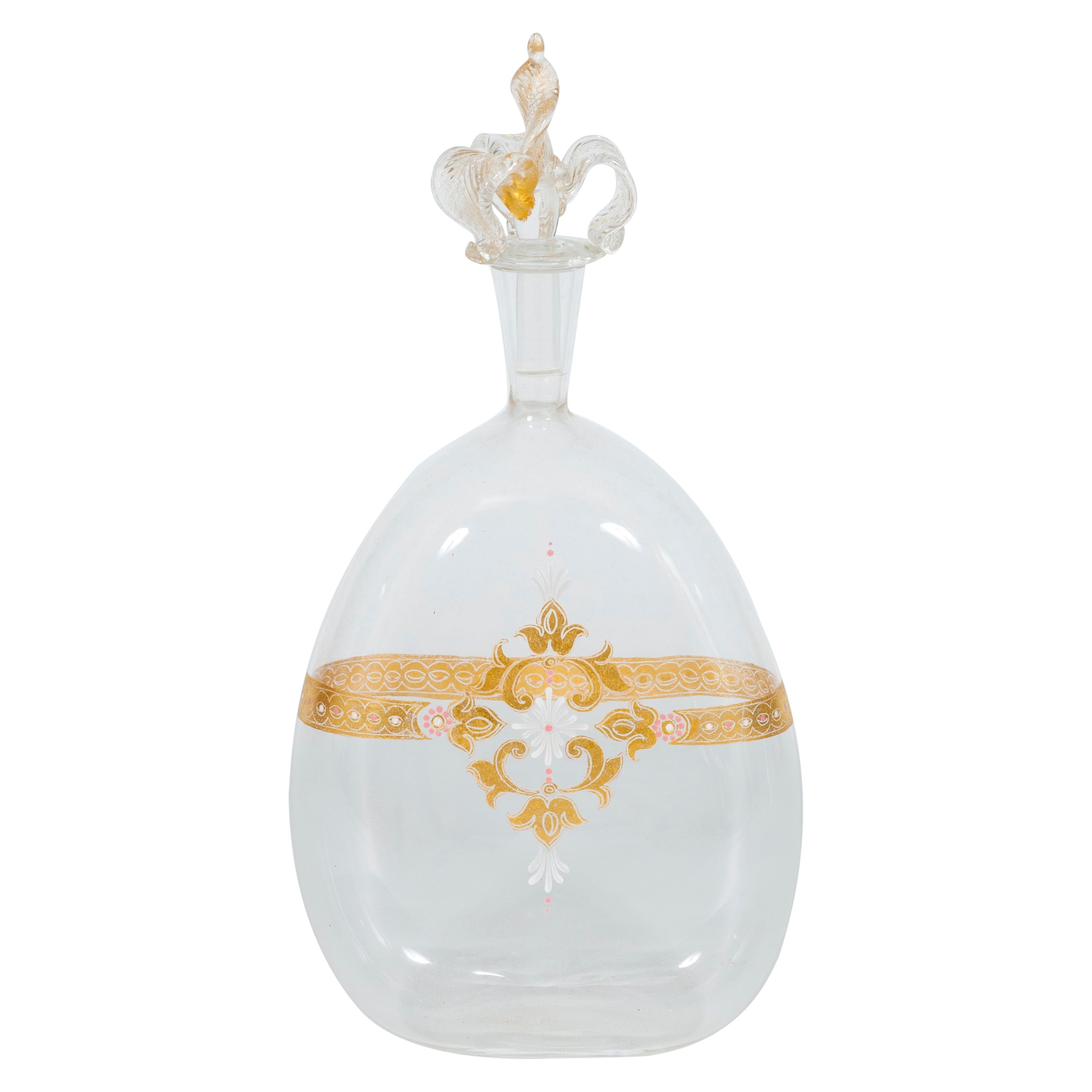 Decantador de mediados de siglo de Murano dorado y cristal transparente con tope de corona en venta