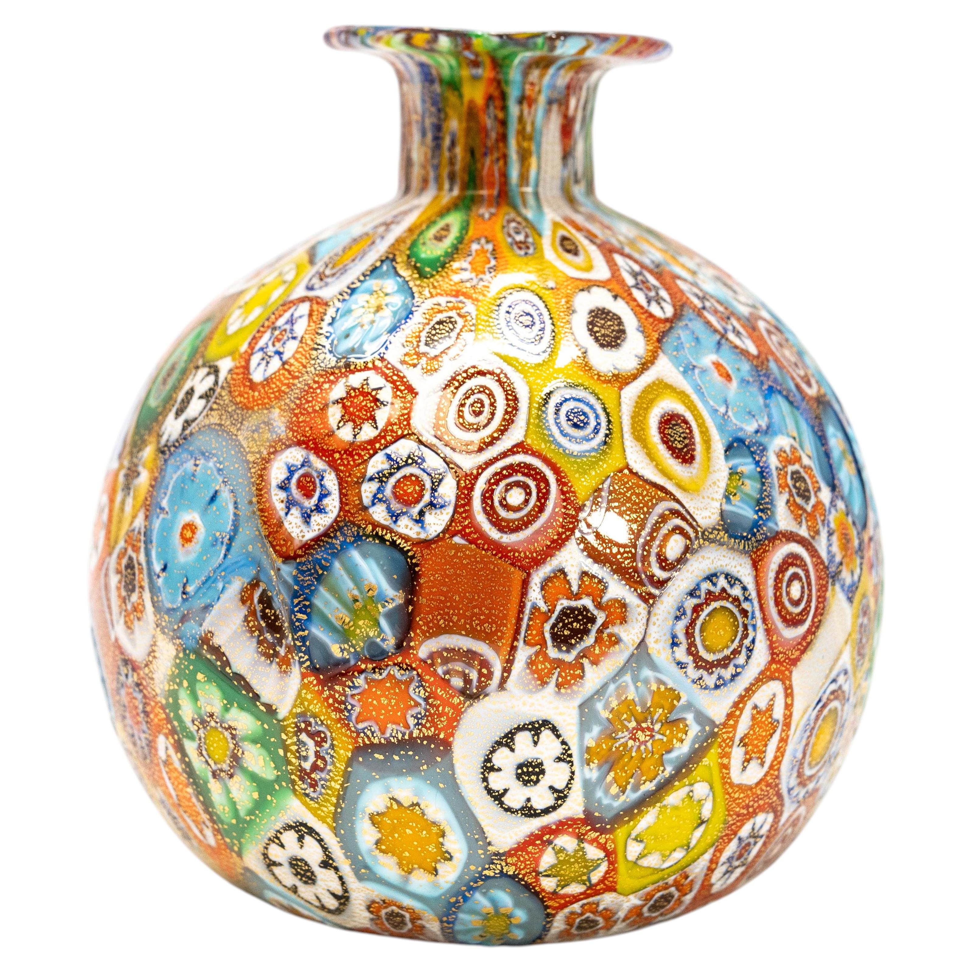 Mid-Century Murano Green and Yellow Millefiori Glass Small Bowl / Vide-Poche For Sale