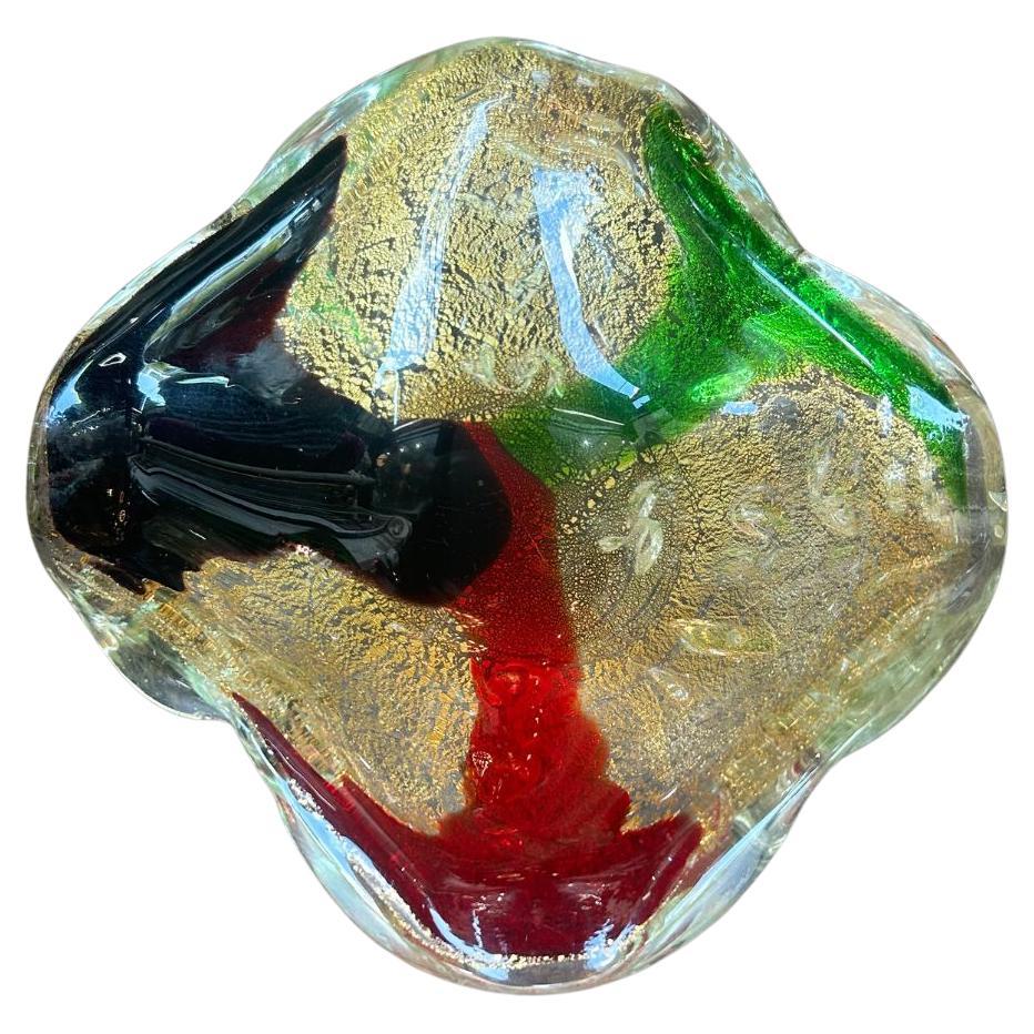 Mid-Century Murano Hand-Blown Glass Dish with Gold Flecks and Multicolor Swirl