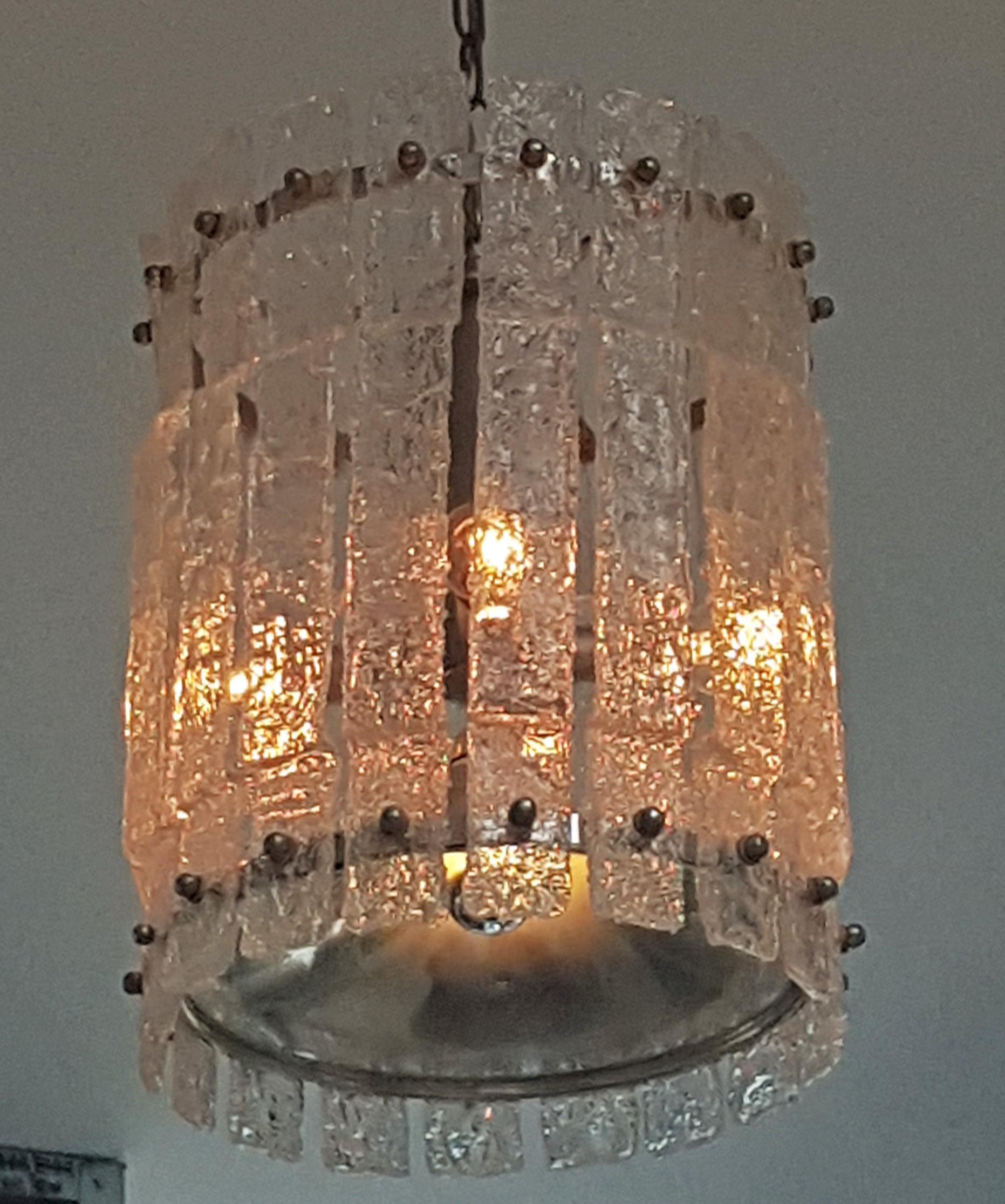 Midcentury Murano Ice Glass Mazzega Kalmar Pendant, Chandelier, Italy, 1960 For Sale 11