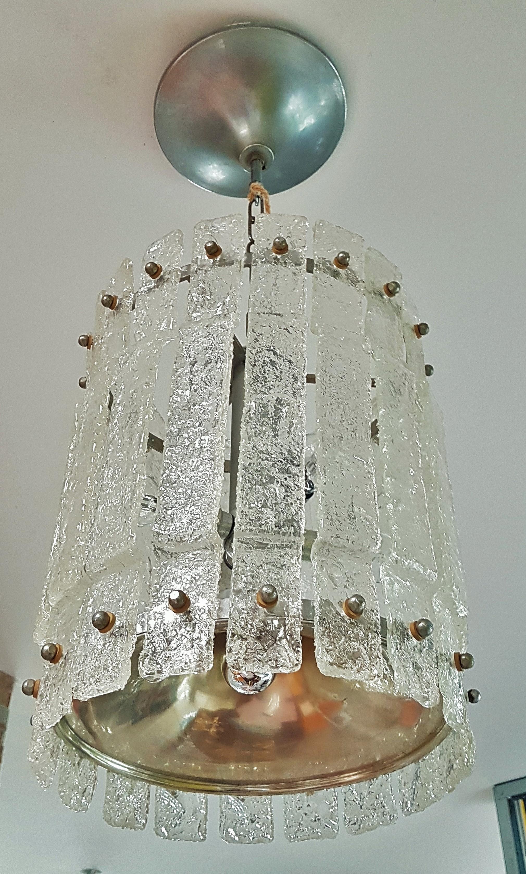 Art Glass Midcentury Murano Ice Glass Mazzega Kalmar Pendant, Chandelier, Italy, 1960 For Sale