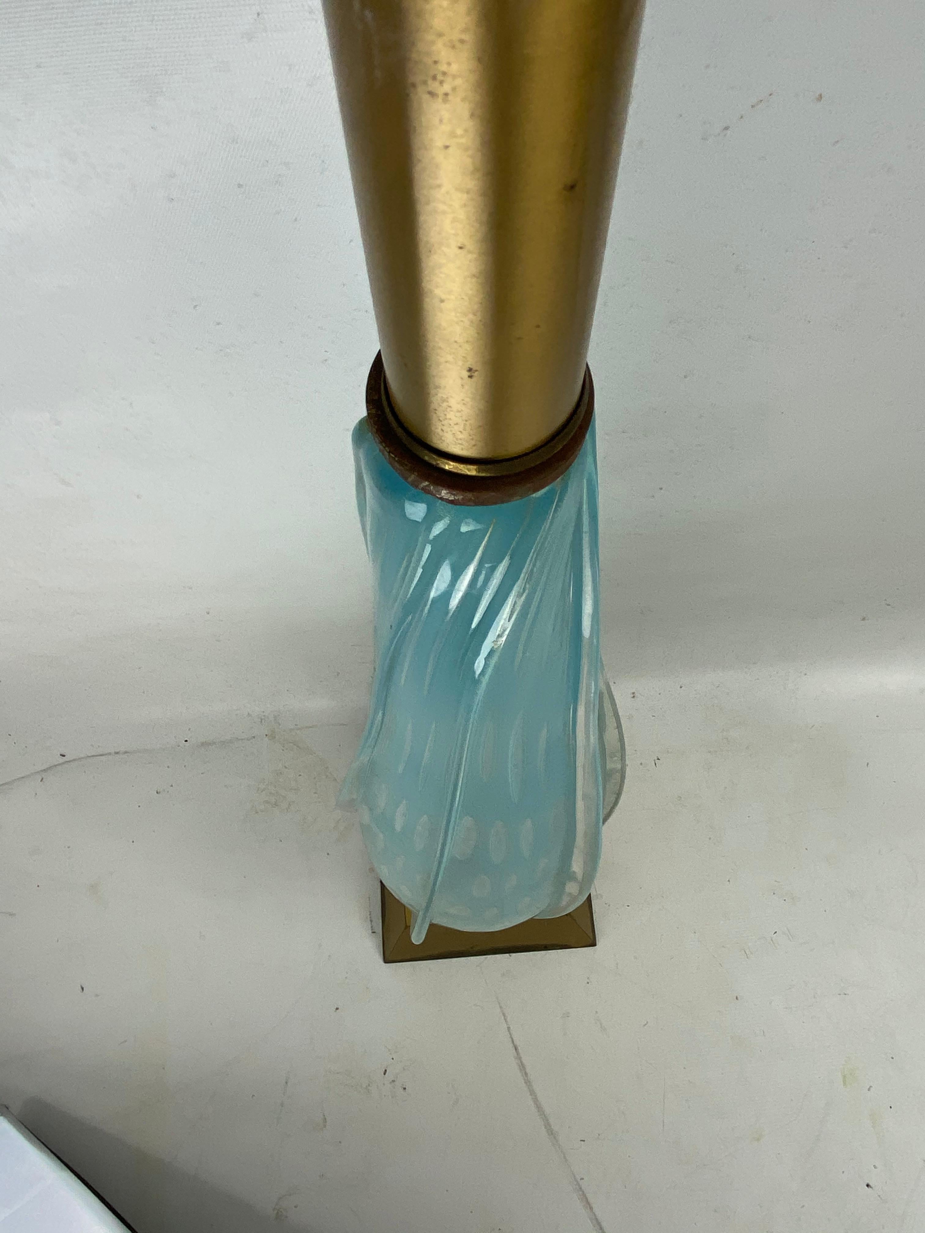 Midcentury Murano Italian Baby Blue Art Glass Ribbed Table Lamp Oversized 1