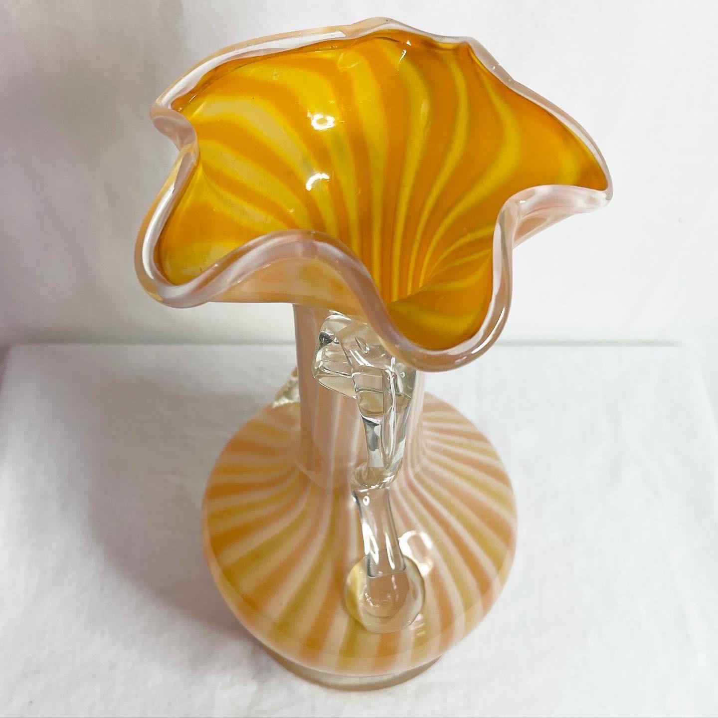 Mid Century Murano Italian Striped Orange Glass Vase In Good Condition In Delray Beach, FL