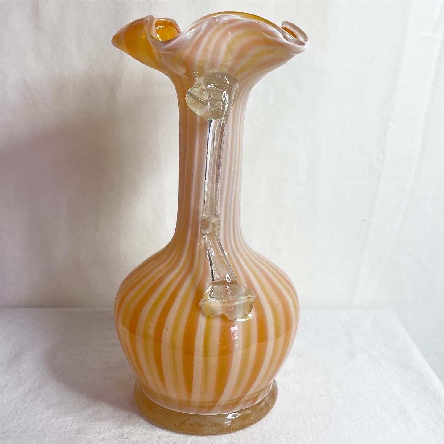 Murano Glass Mid Century Murano Italian Striped Orange Glass Vase