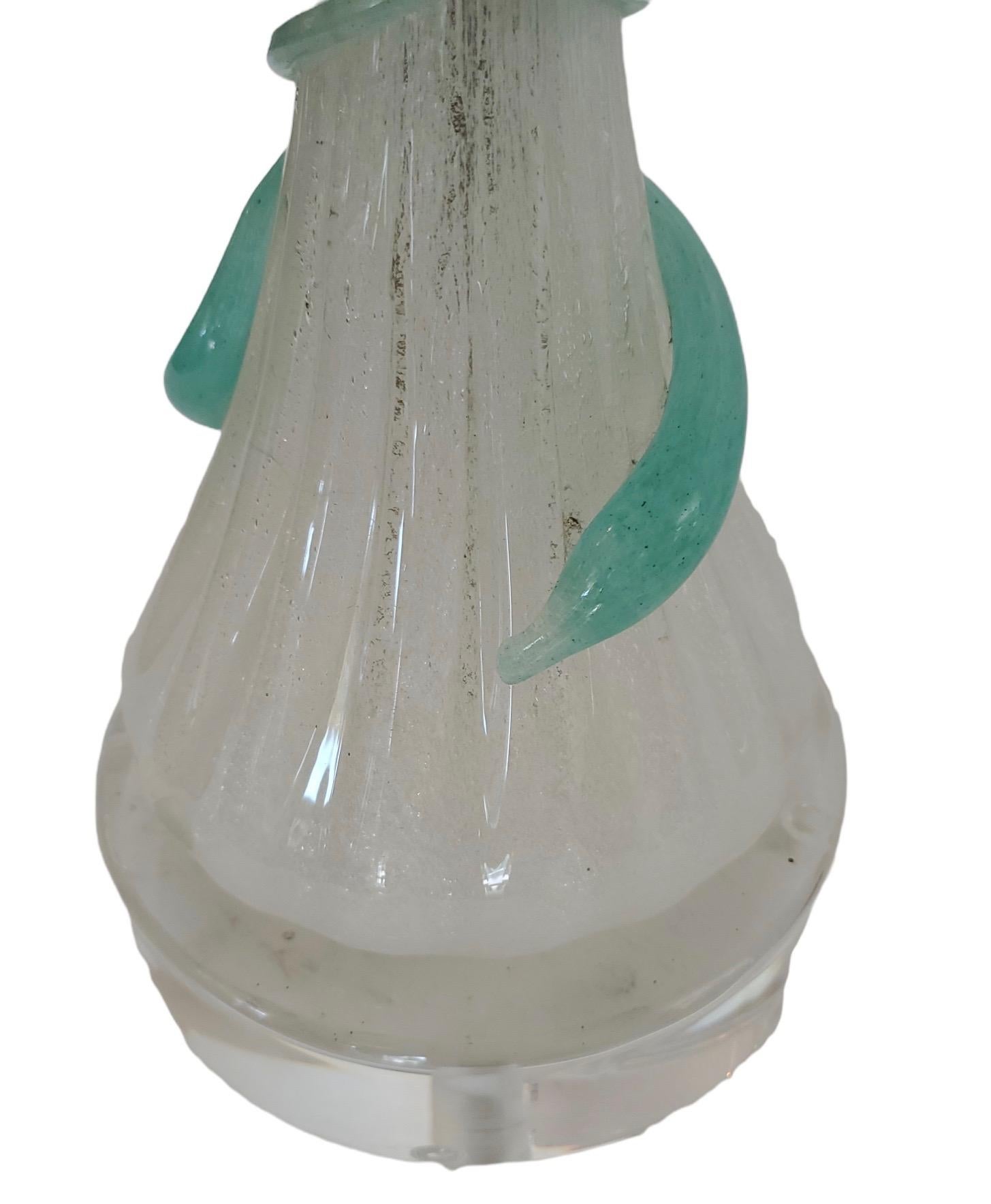 MId-century Venetian lamp with many controlled bubbles throughout. With applied aqua glass swirls. Custom parchment shade. New acrylic base. Shade dimension is 7