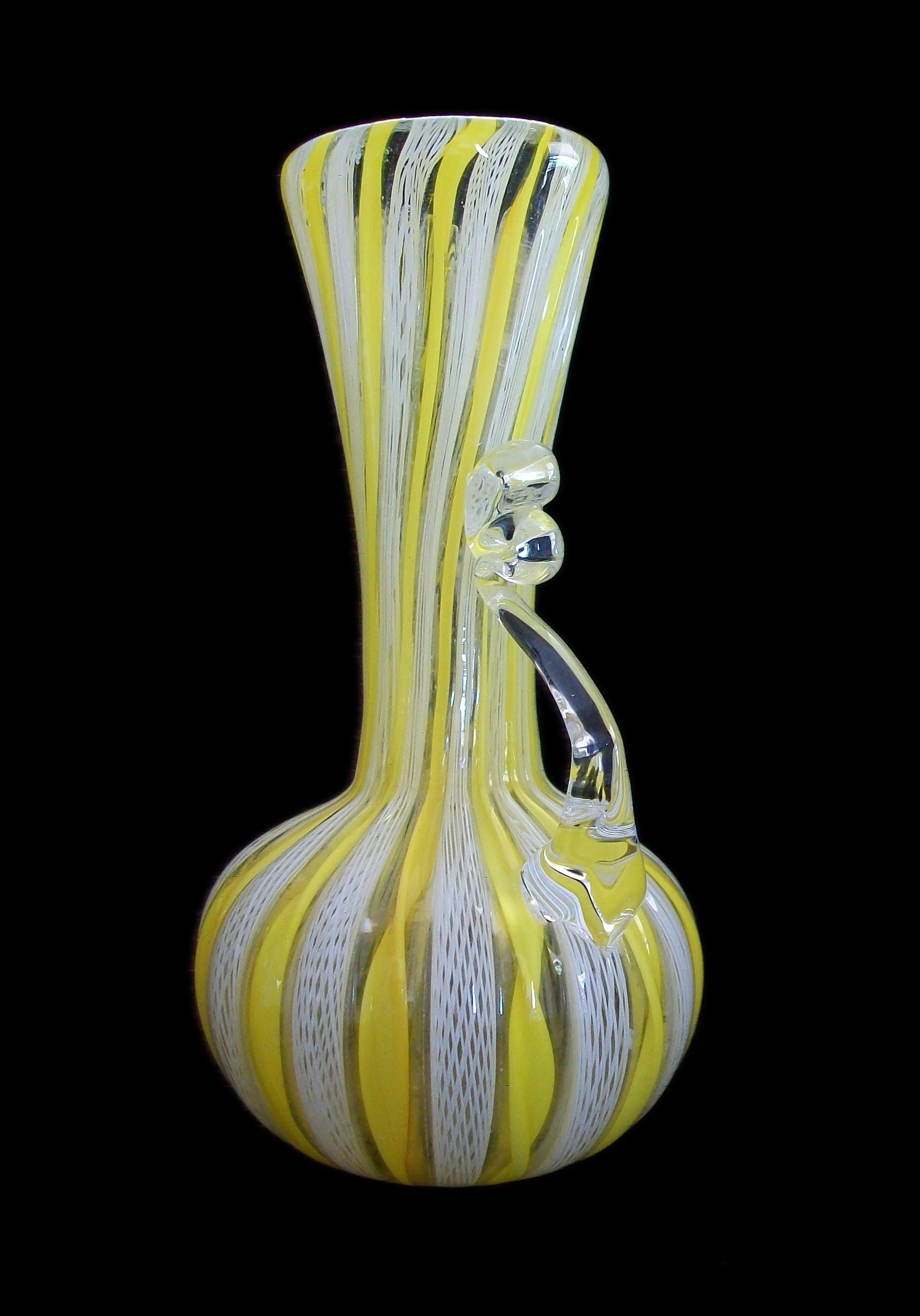 Mid-Century Modern Mid Century Murano Latticino Twin Handled Glass Vase, Italy, Circa 1960's For Sale